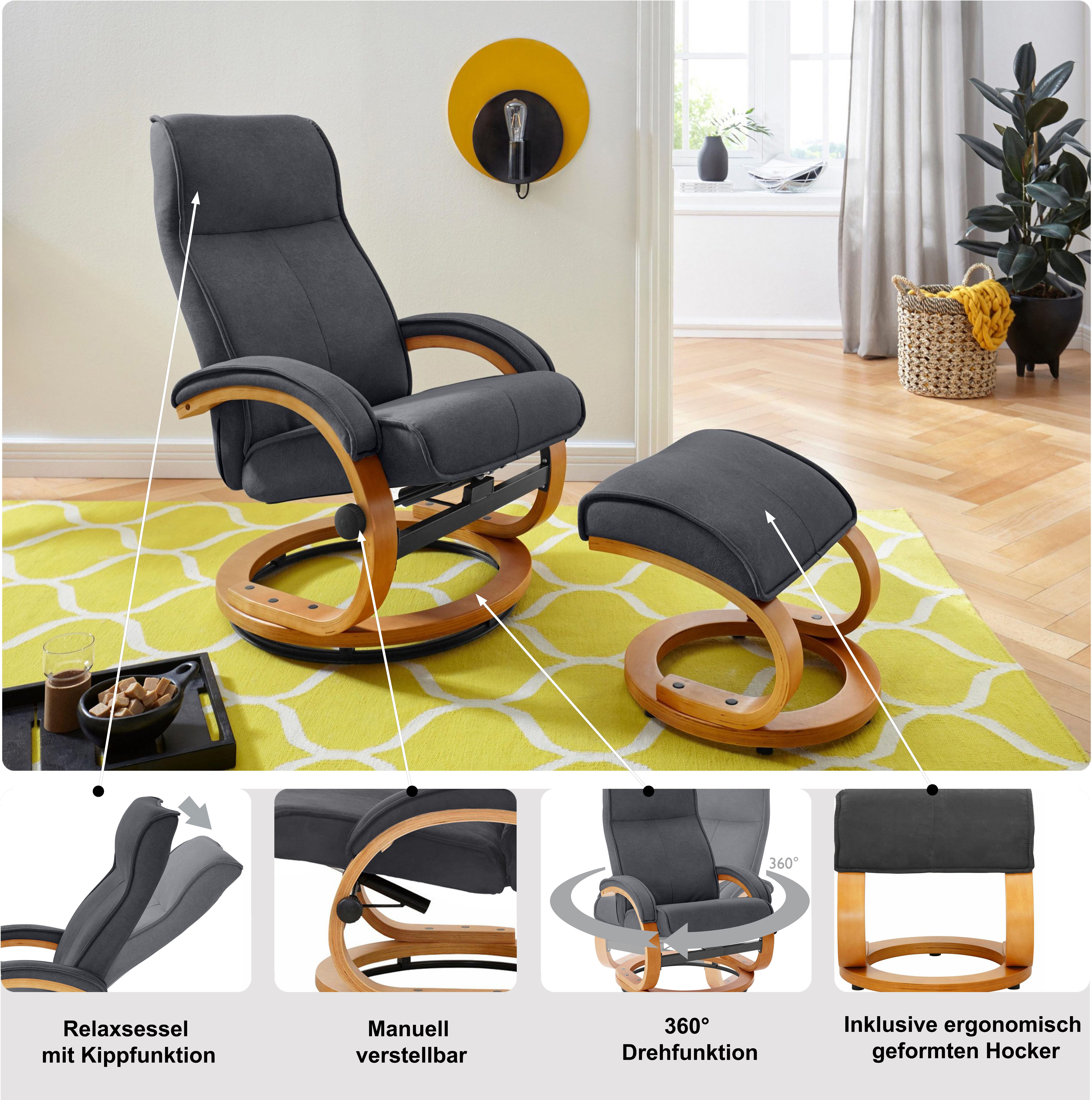 Home affaire Relaxfauteuil Lille, TV-stoel, stoel met poef, woonkamer, Slaapfunctie, luxe microvezel bekleding en houten frame, zithoogte 46 cm