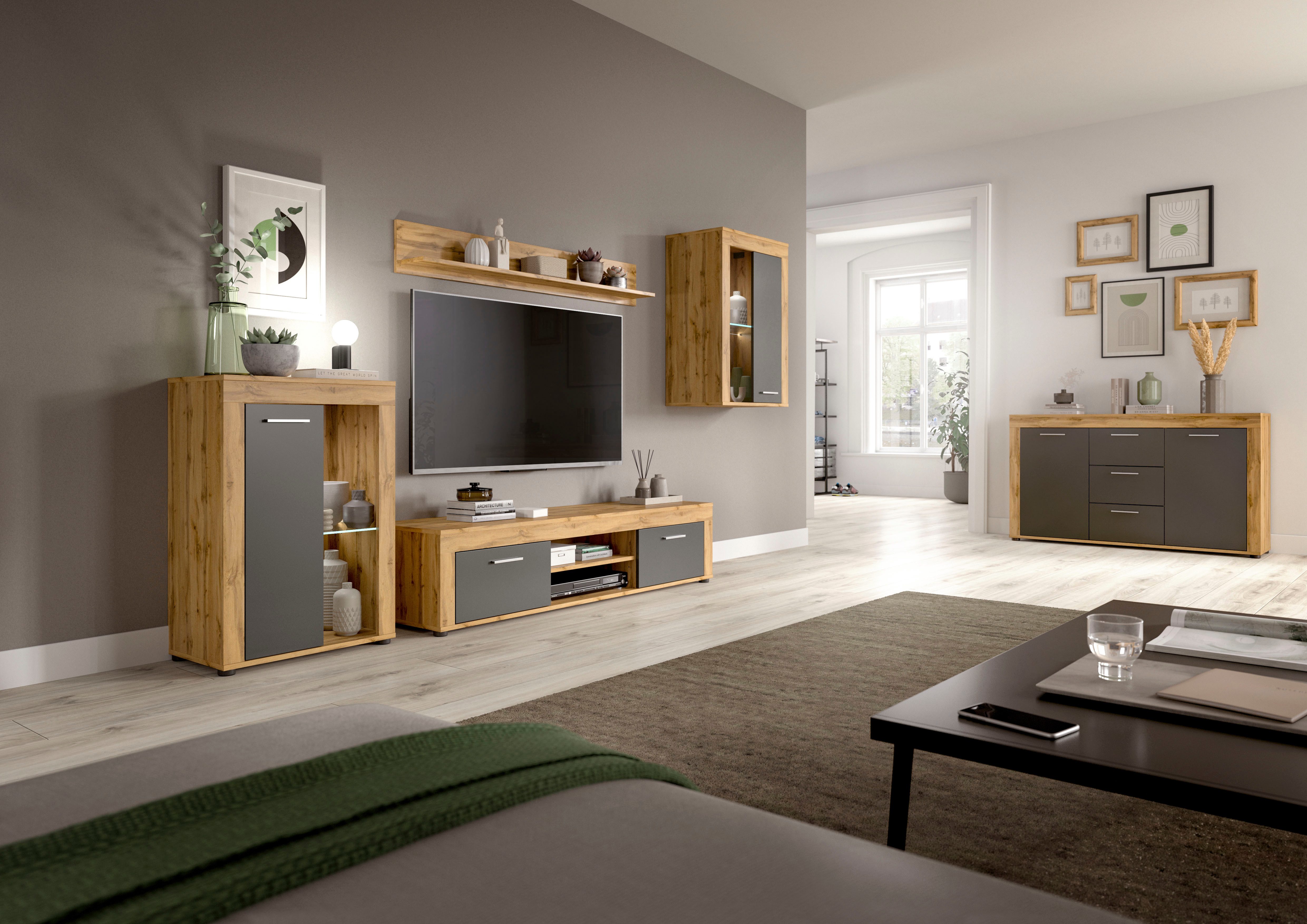 INOSIGN Wandmeubel Aosta, 4-delig, bestaande uit: vitrinekast, lowboard, wandplank & hoge vitrinekast (4-delig)