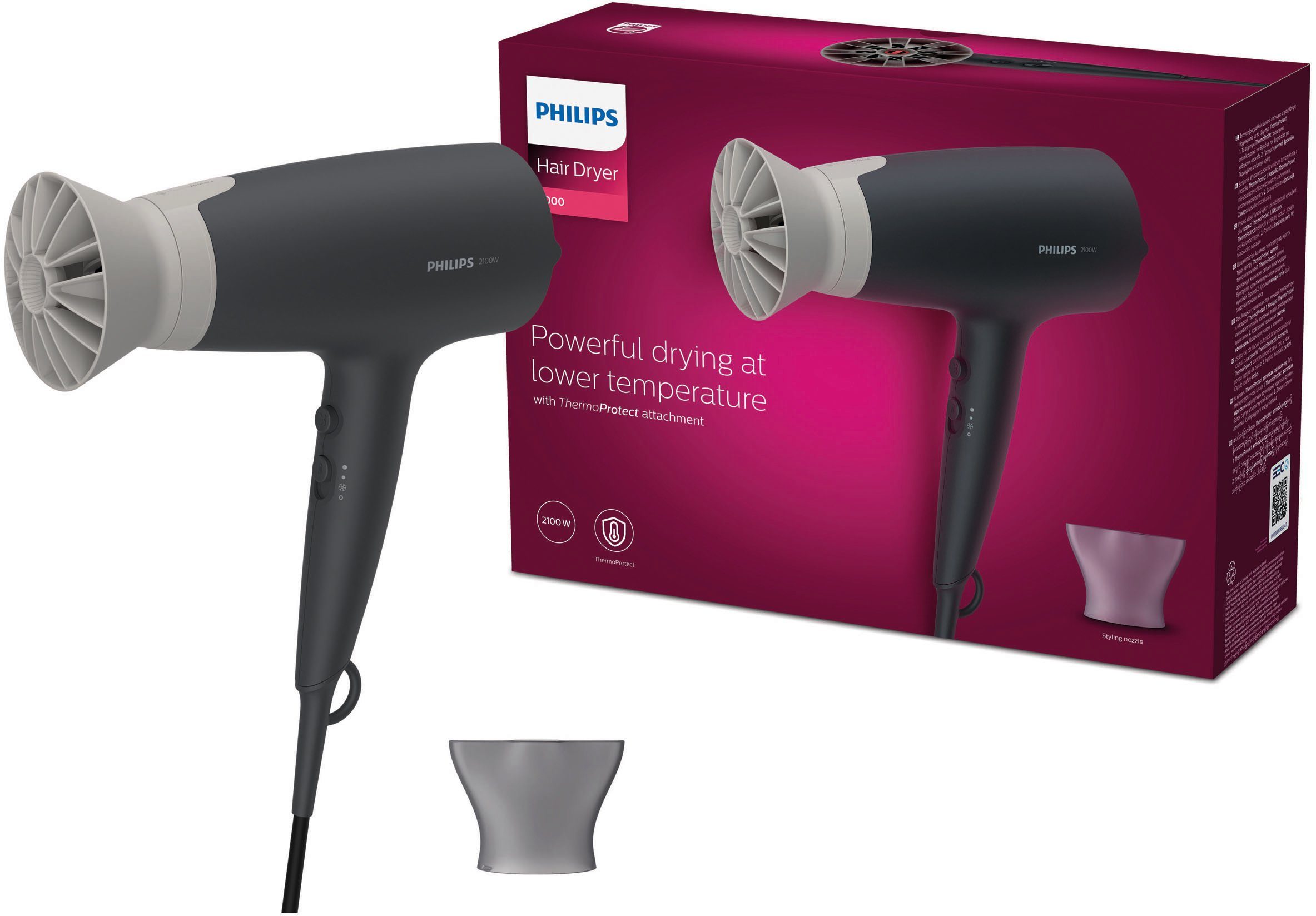 Philips Haardroger Essential Series 3000 BHD351/10 met thermoprotect accessoire, 6 warmte- en...