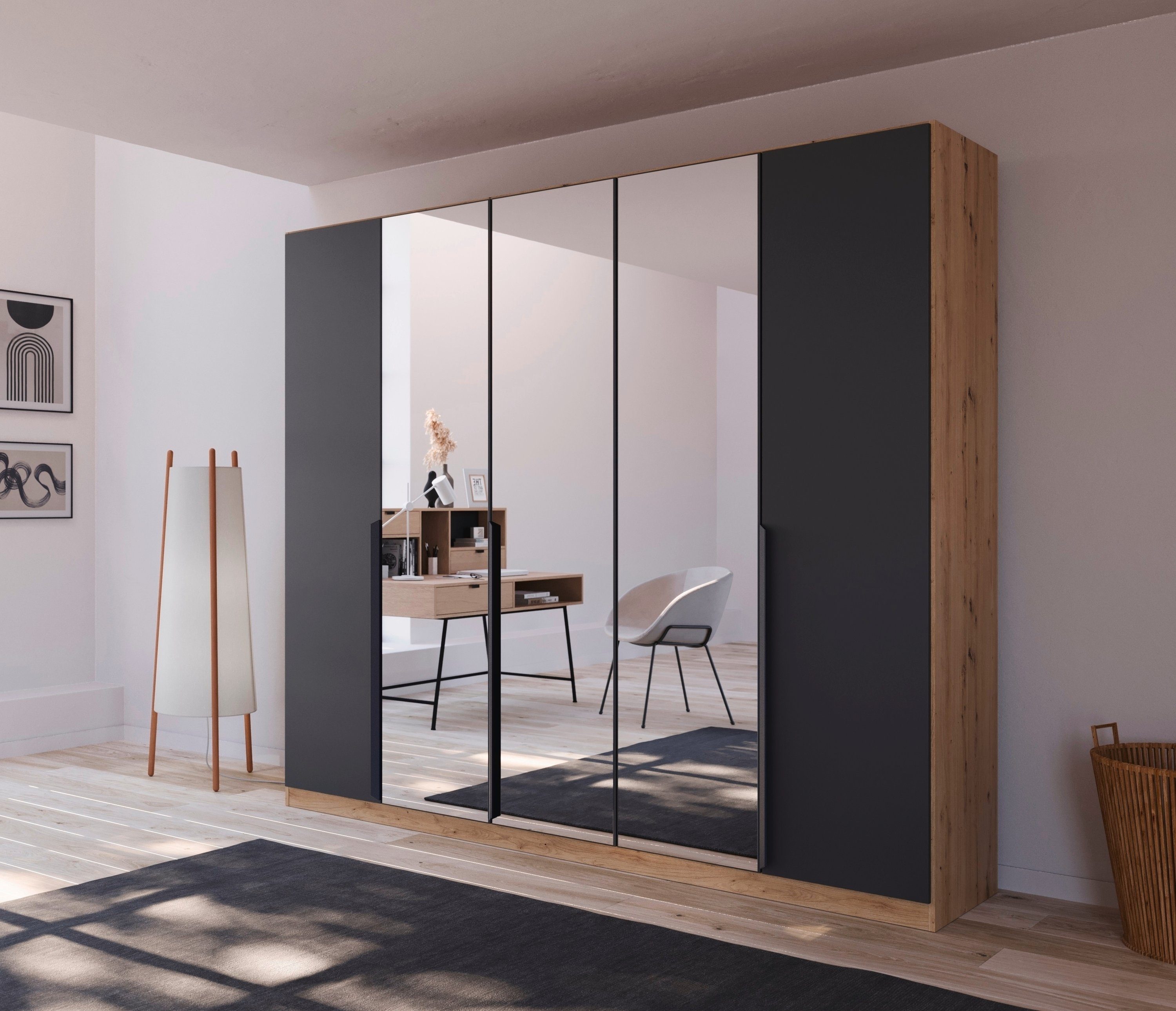 rauch Draaideurkast Dark&Wood by Quadra Spin in industriële stijl met metalen stanggrepen, met spiegel