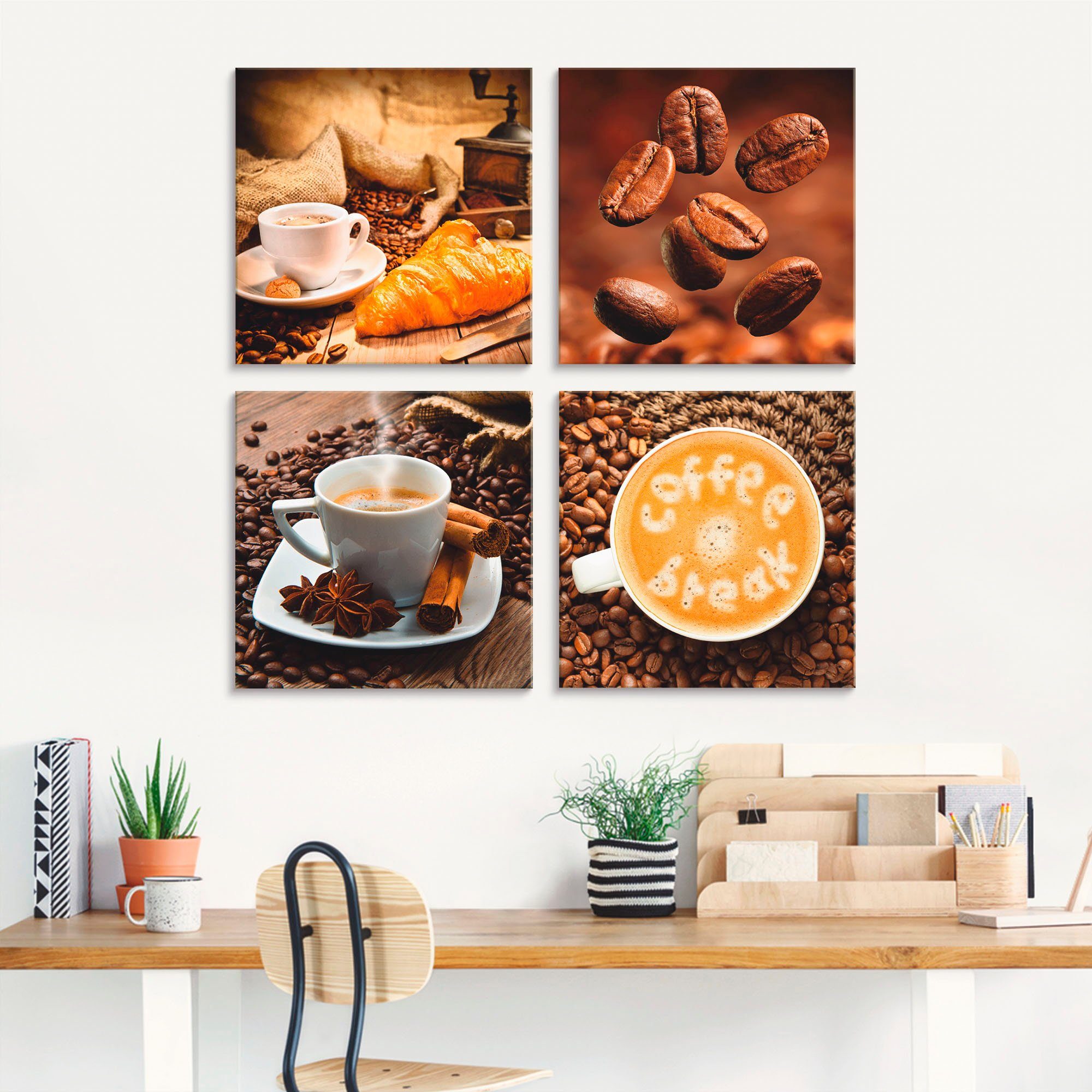 Artland Print op glas Koffiekopje croissant koffiebonen (4-delig)