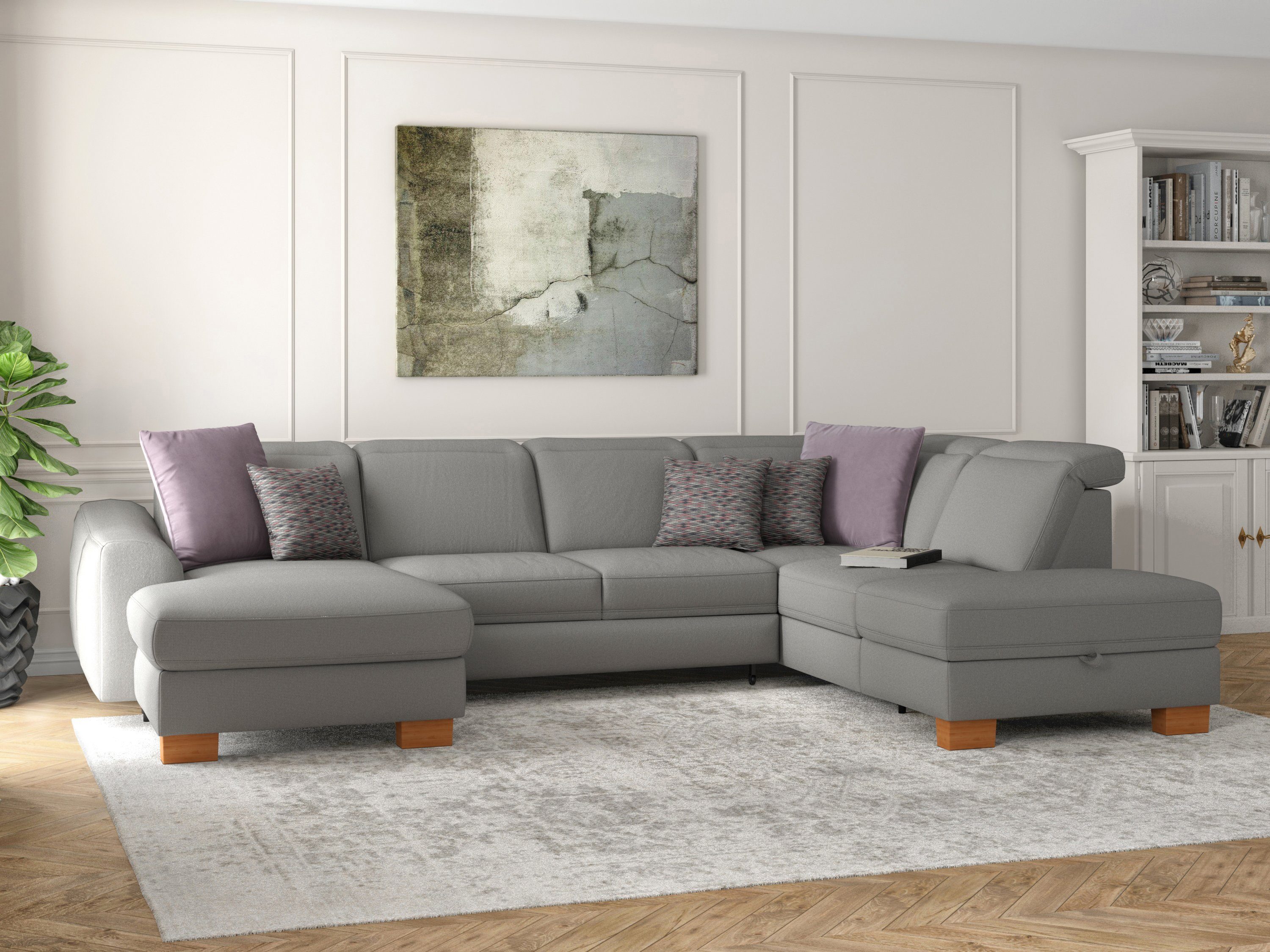 sit&more Zithoek Dundee U-vorm met binnenvering en massief houten poten, naar keuze met verstelbare hoofdsteun zilver, zithoeken, Ottomane rechts, Met