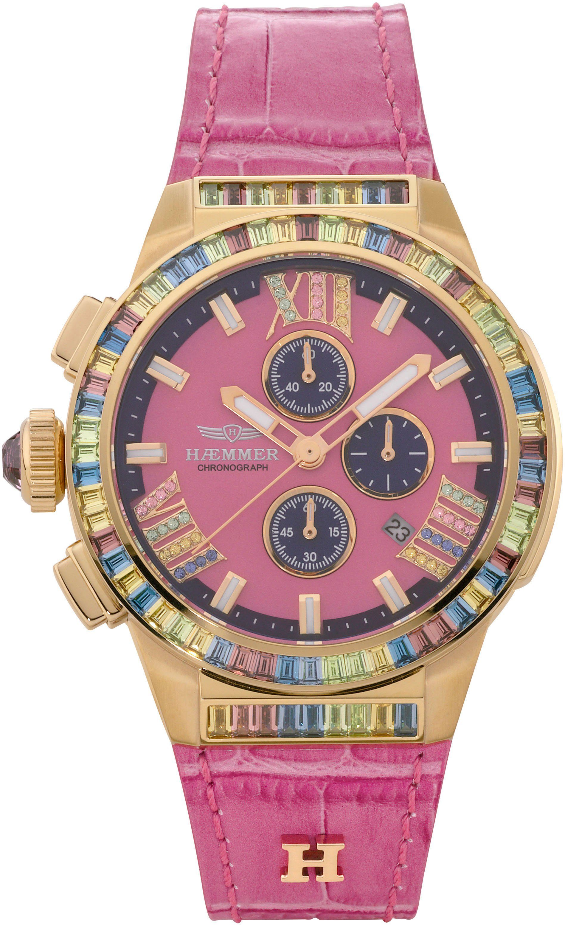 HAEMMER GERMANY Chronograaf Glorious Quartzhorloge, dameshorloge, datum, stopwatchfunctie, saffierglas, leren band
