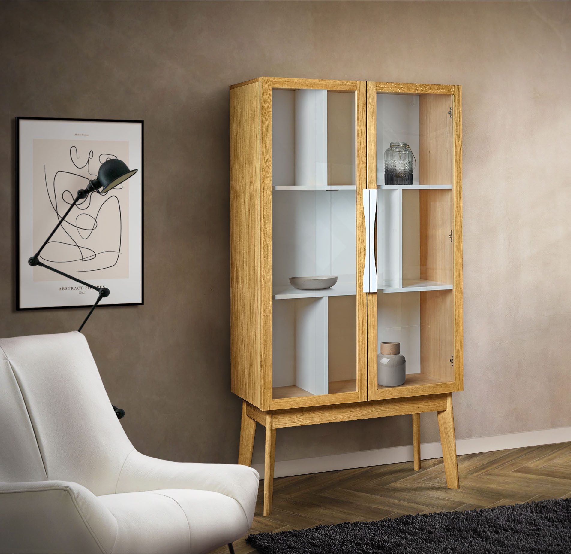 Woodman Boekenkast Hilla Breedte 88 cm, deuren met glasinzetten, houtfineer van eiken