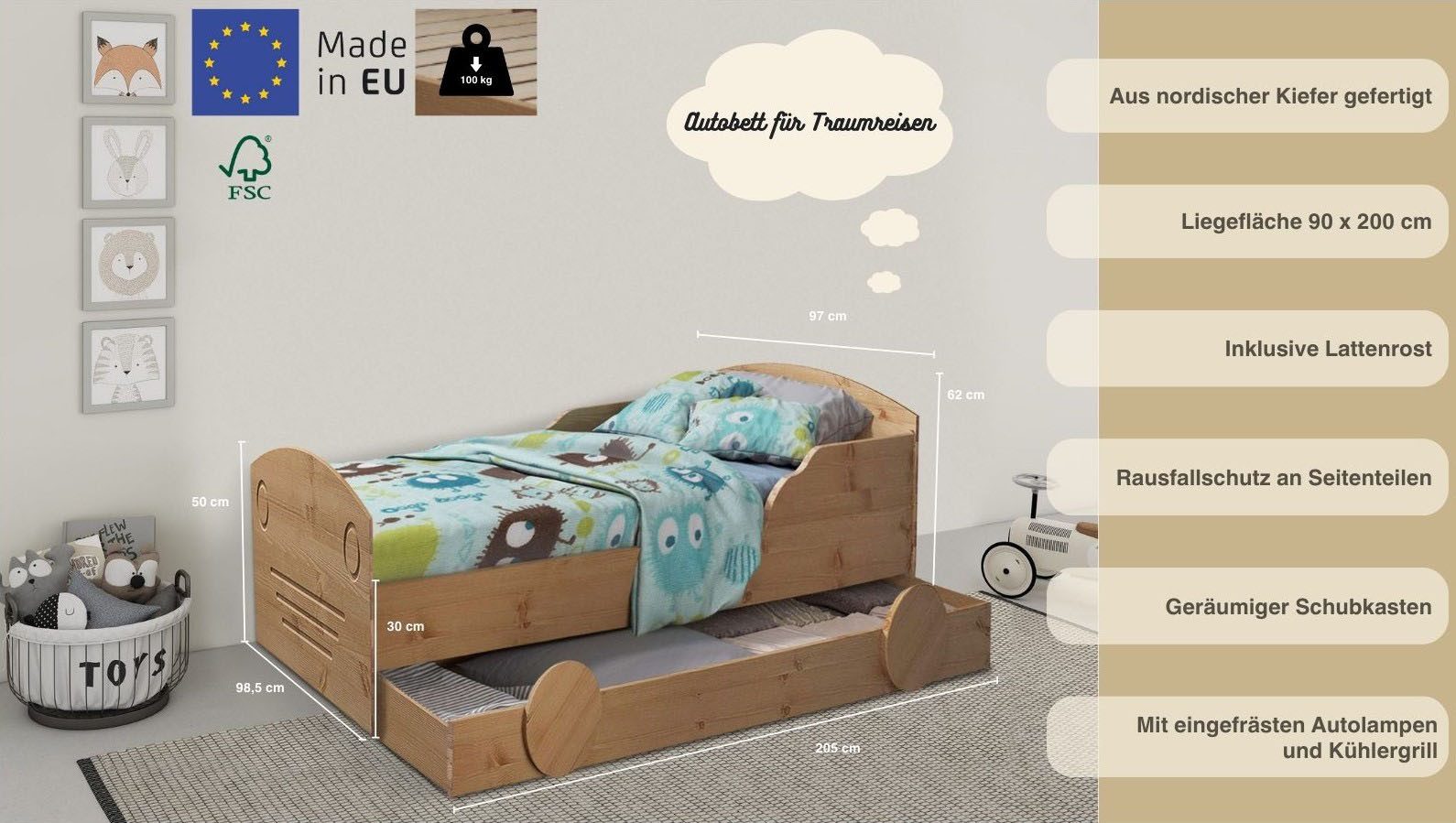 Lüttenhütt Kinderledikant Levke gemaakt van massief grenen, 90 x 160 cm, inclusief lade en lattenbodem