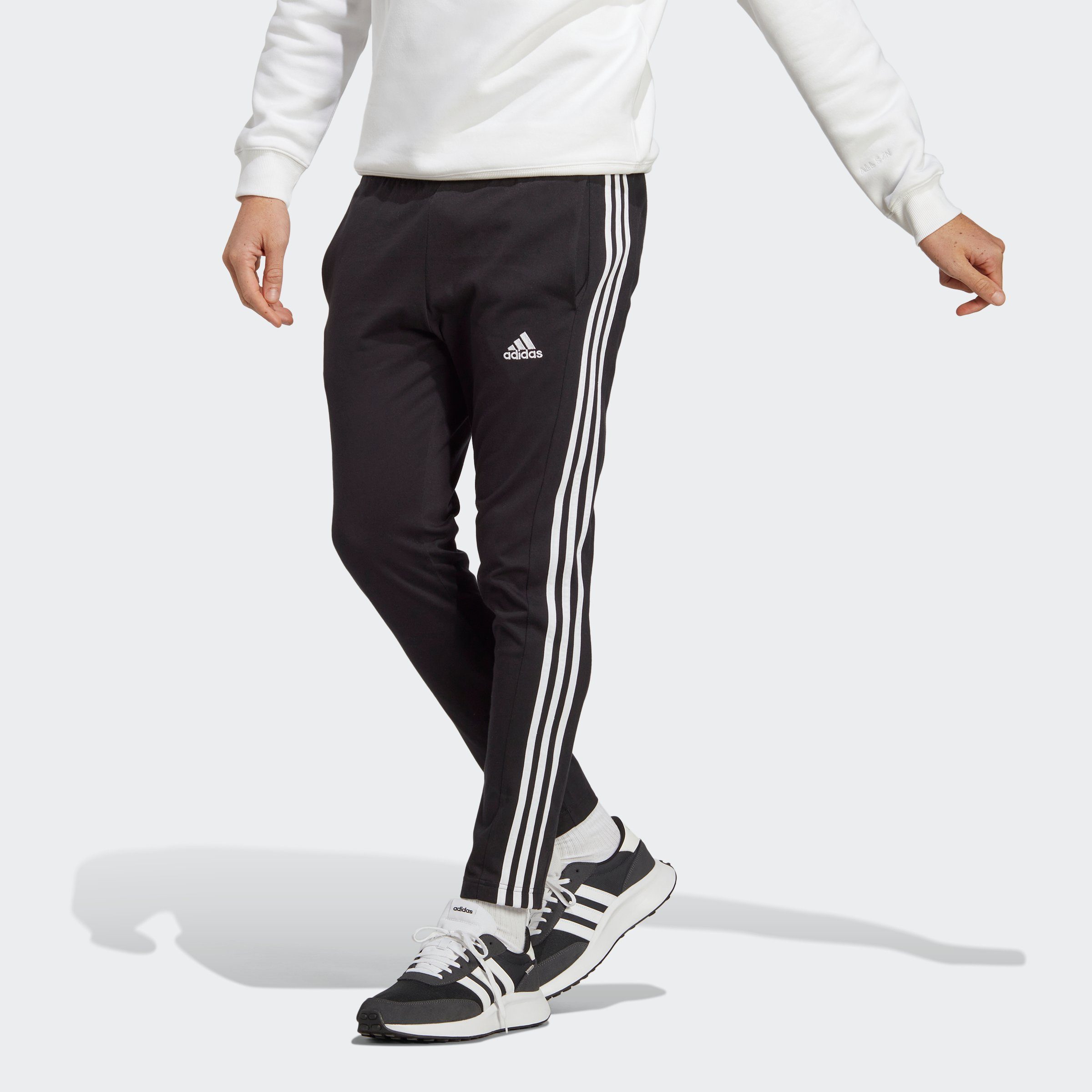 adidas sportswear sportbroek essentials single jersey tapered open hem 3-stripe broek (1-delig) zwart