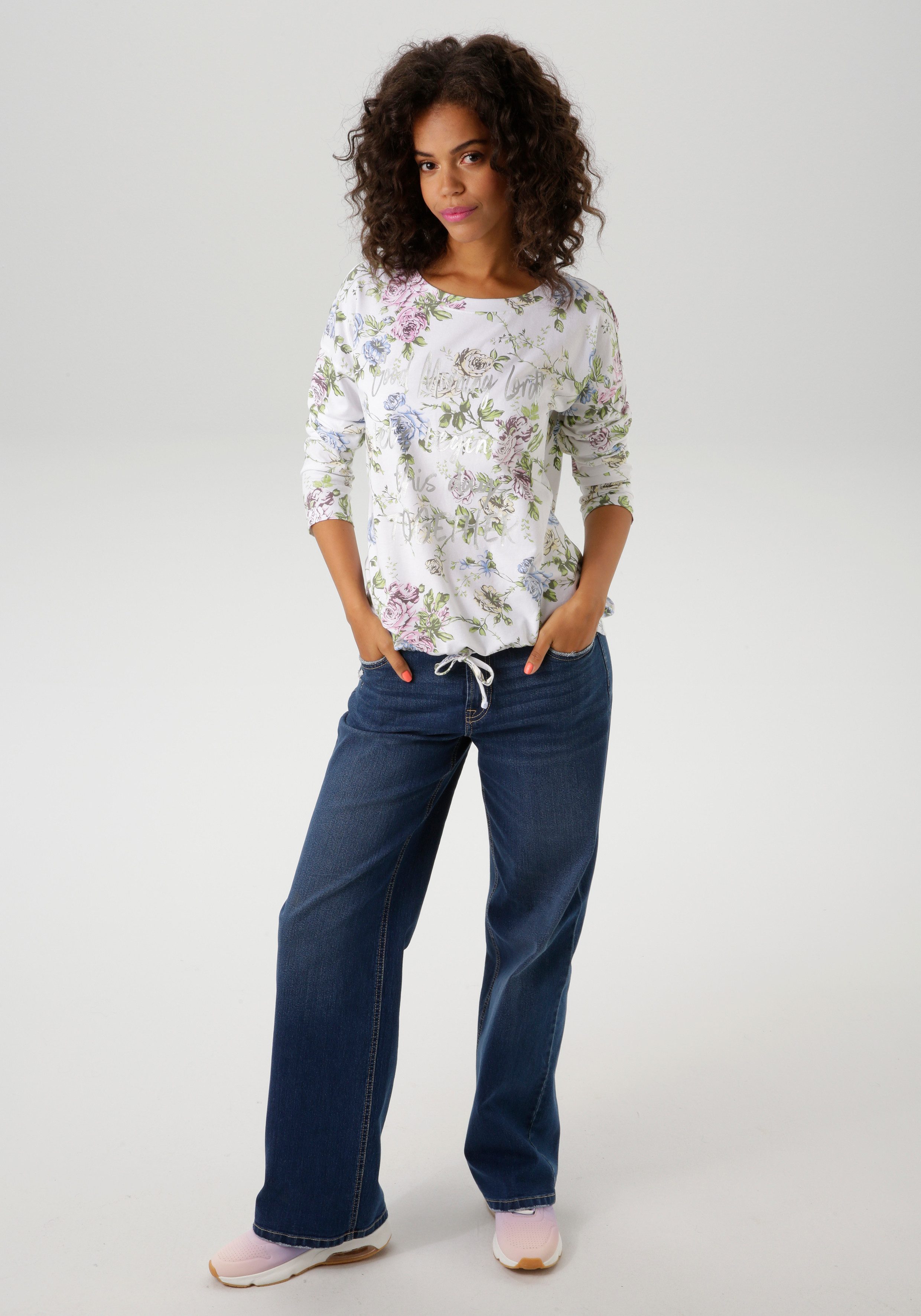 Aniston CASUAL Shirt met lange mouwen met zilverkleurige tekst versierde rozenprint - nieuwe collectie