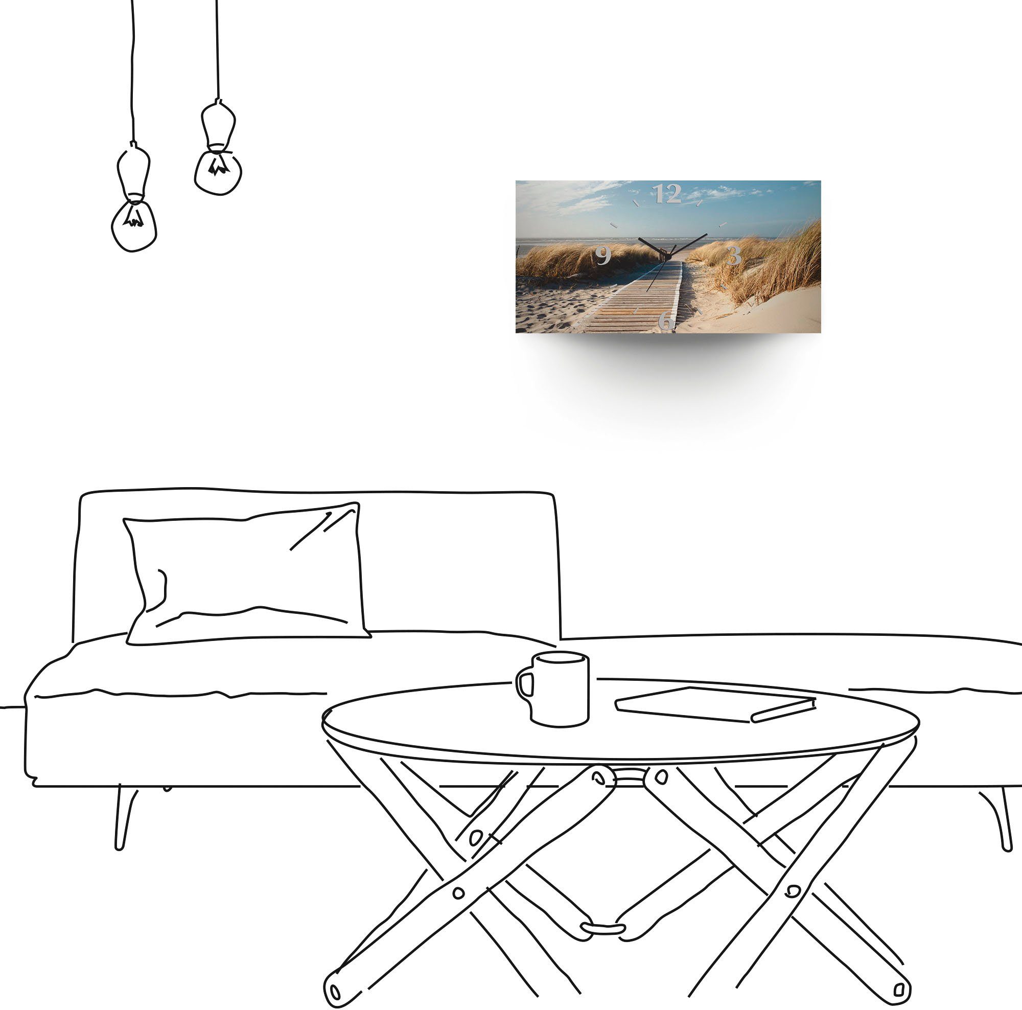 Artland Wandklok Noordzeestrand op Langeoog - pier 3d-look geschulpt, met kwarts- of radiografisch uurwerk, verschillende maten