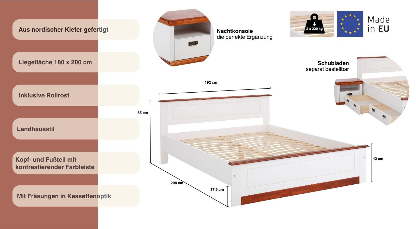 Home affaire Massief houten ledikant Madrid, landelijke stijl, hoge belasting! van fsc®-gecertificeerd grenen, inclusief lattenbodem, cassette-look