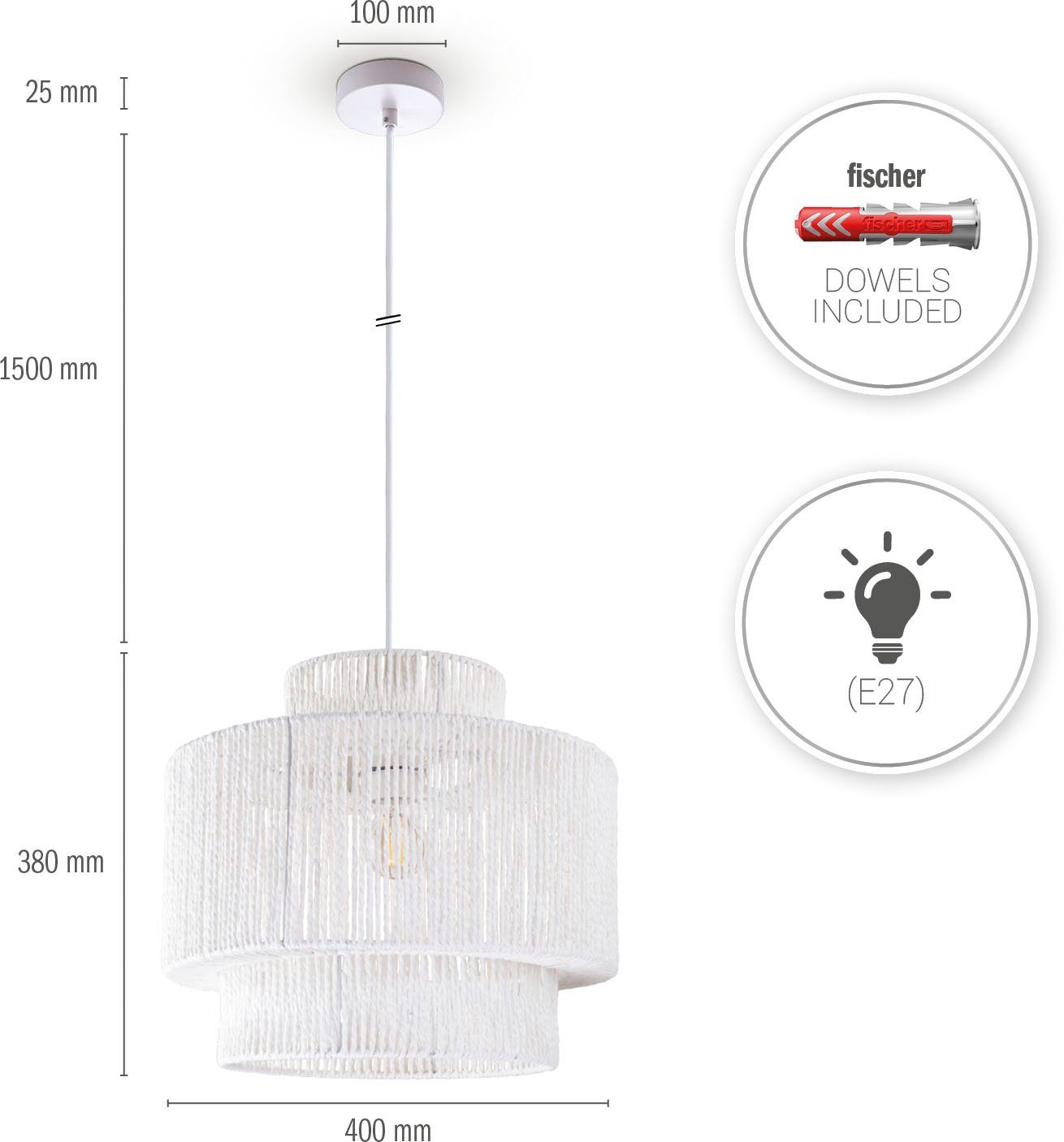 Paco Home Hanglamp Hugo Lupita Woonkamer eetkamer rattan look Boho lampenkap papier