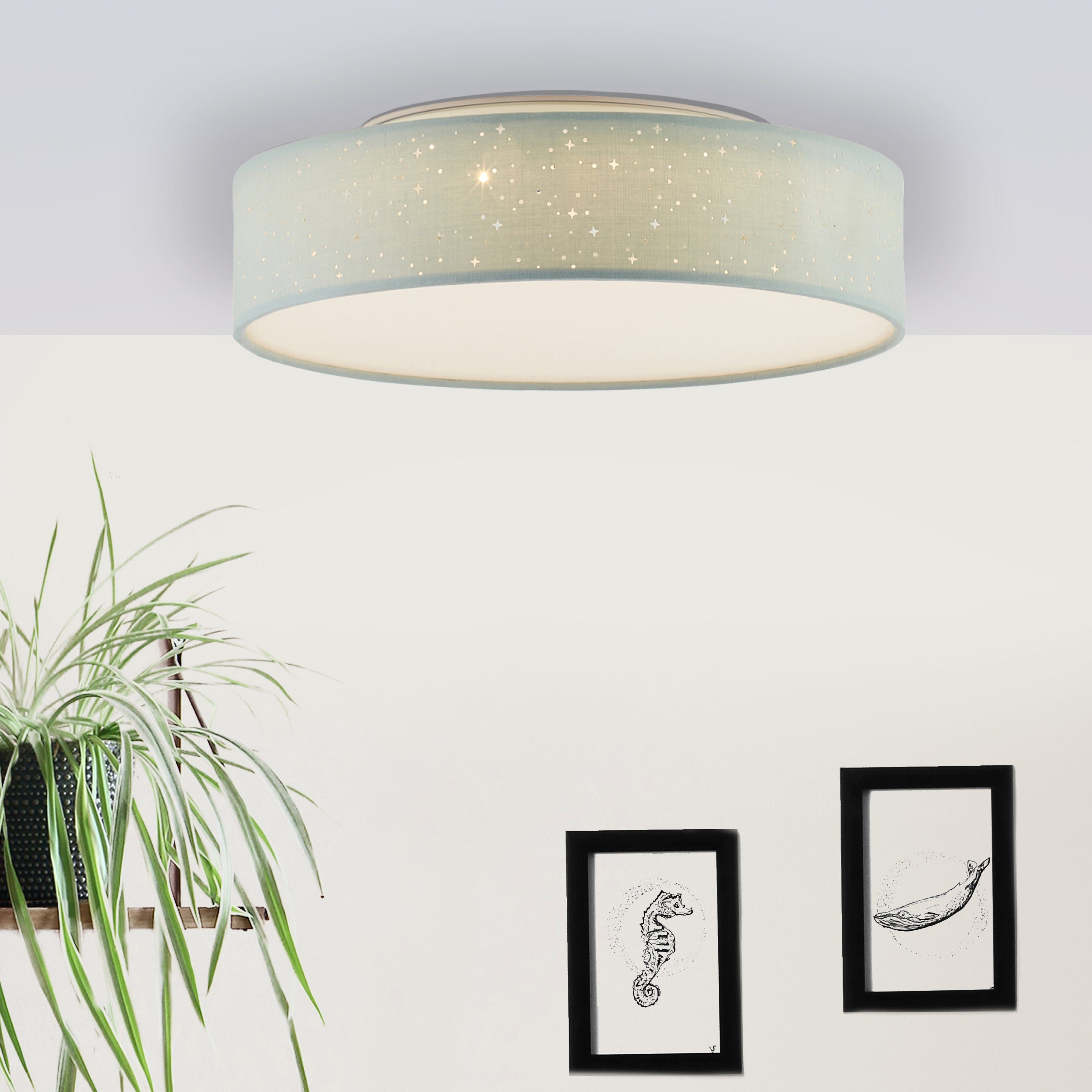 Brilliant Leuchten Plafondlamp Baska Ø 38 cm, stoffen kap sterrenhemel-look, 3-traps dimbaar (1 stuk)