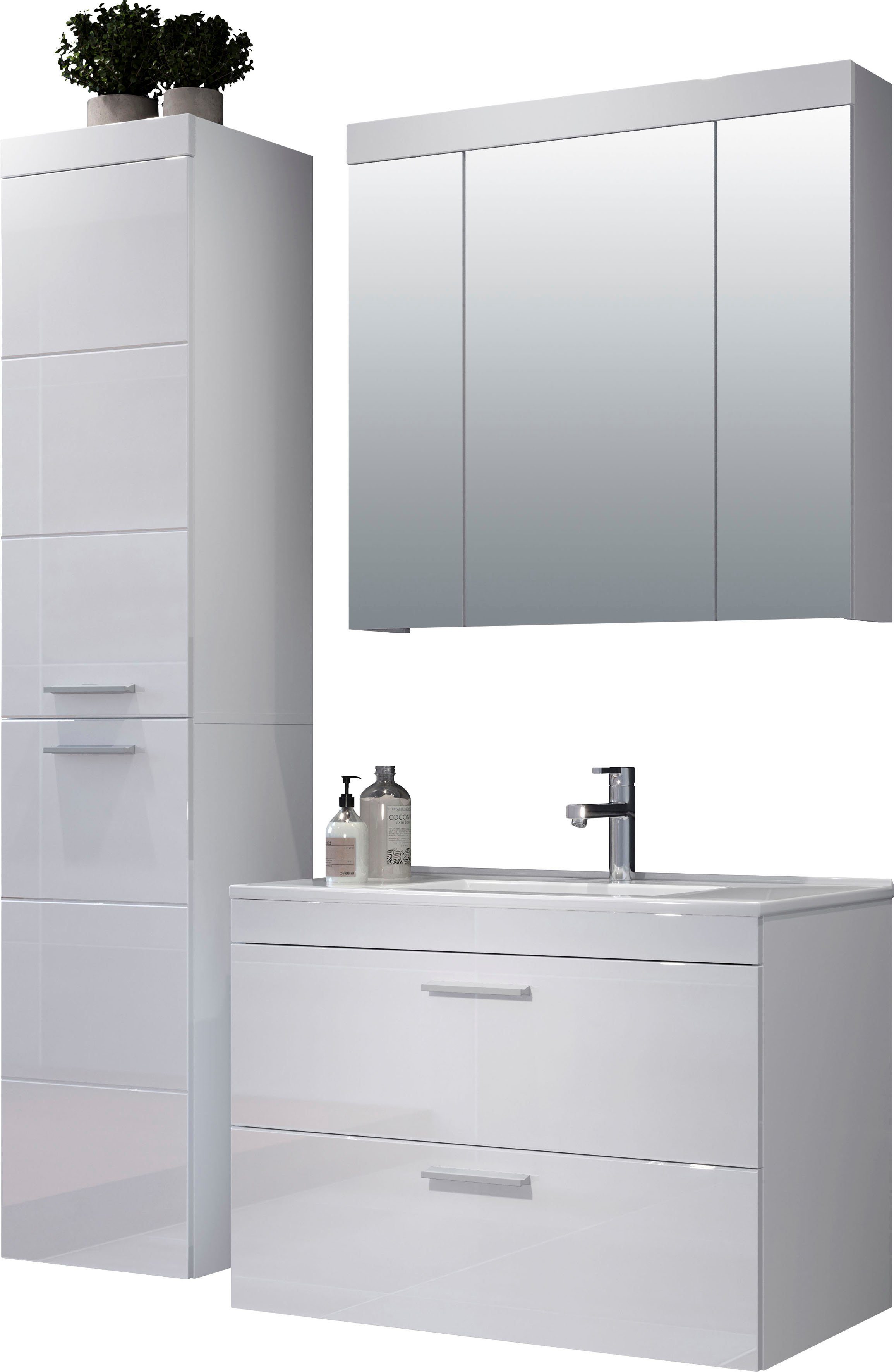 welltime Badkamerset Dormoletto Hangende badkamermeubels met inbouwwastafel in wit hoogglans (4-delig)