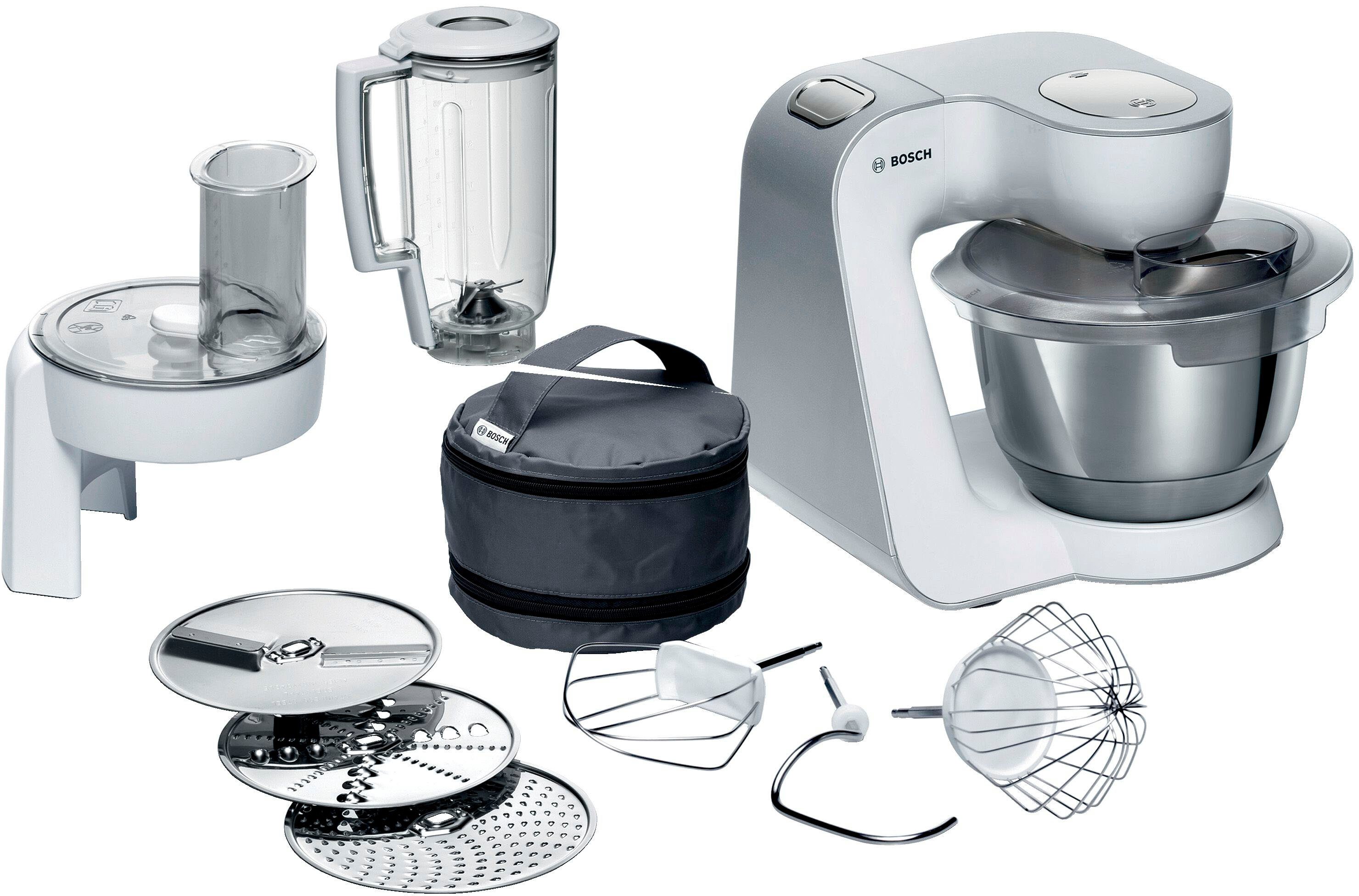 BOSCH Keukenmachine Serie 4 MUM58L20, continu rasp- en snijapparaat, mixer, grijs 3 schijven, kom, kneedhaak/mix-/siliconen garde, vaatwasserbestendig