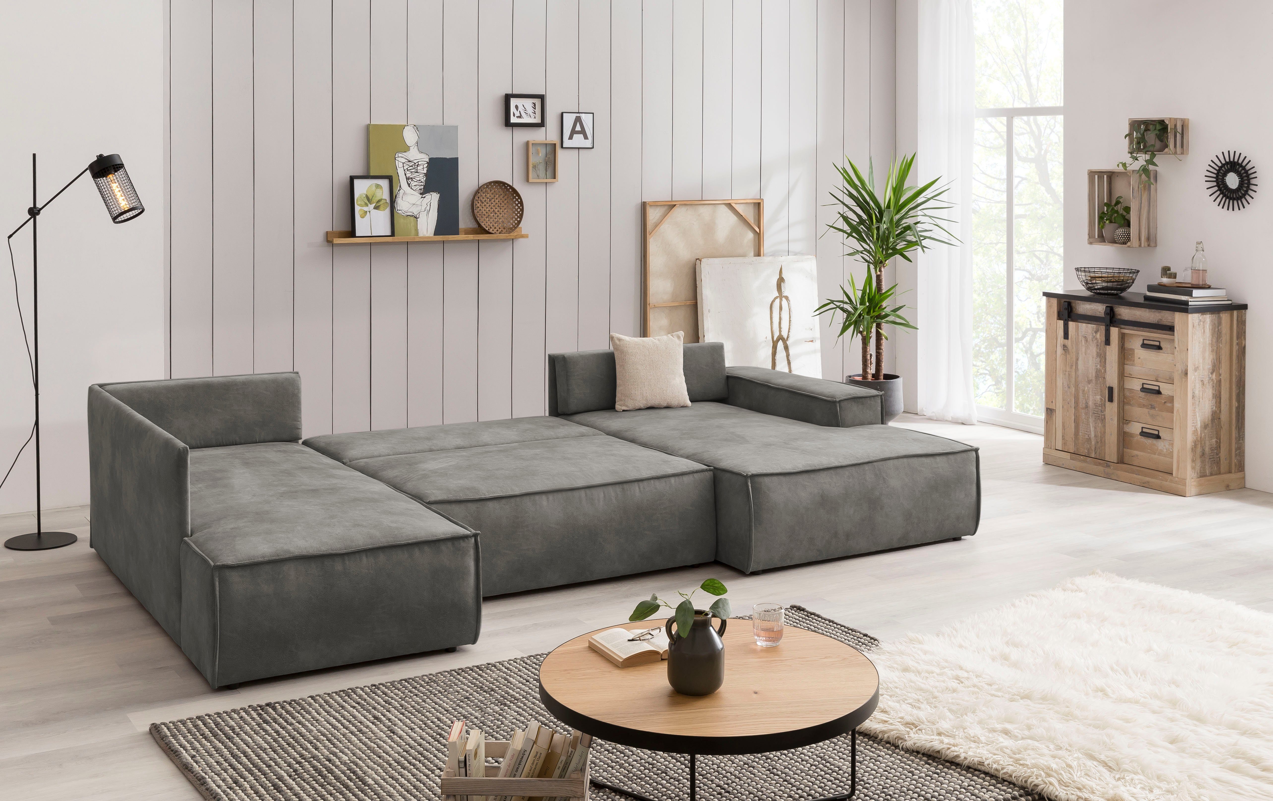 Home affaire Zithoek SHERWOOD 329 cm, U-vorm, slaapbank, Slaapfunctie met bedkist (194x139 cm), cord, vintage, fluweel