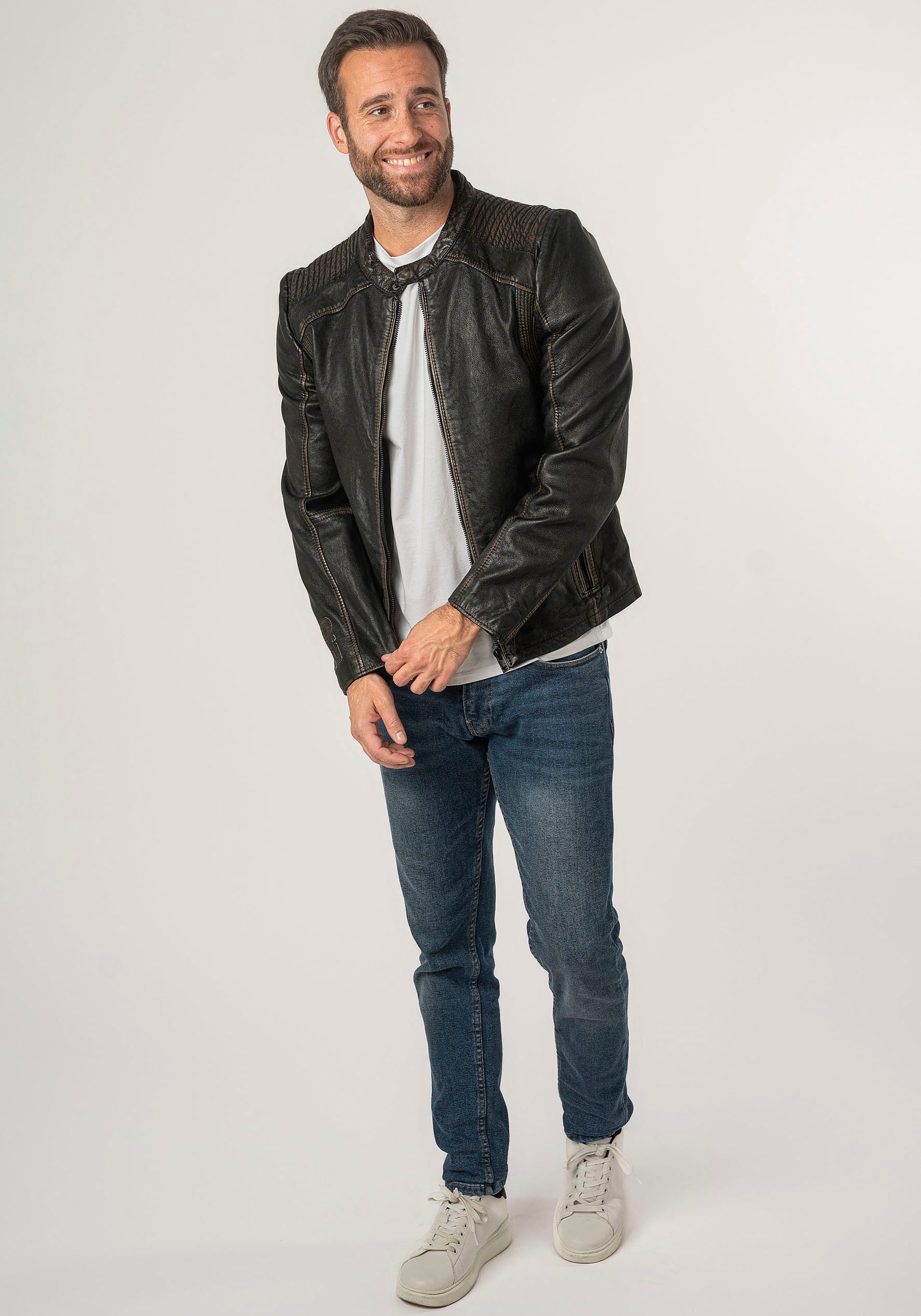 Mauritius Leren jack 2Mgoji SF met markante siernaden, sierstepping, antieke look, rits