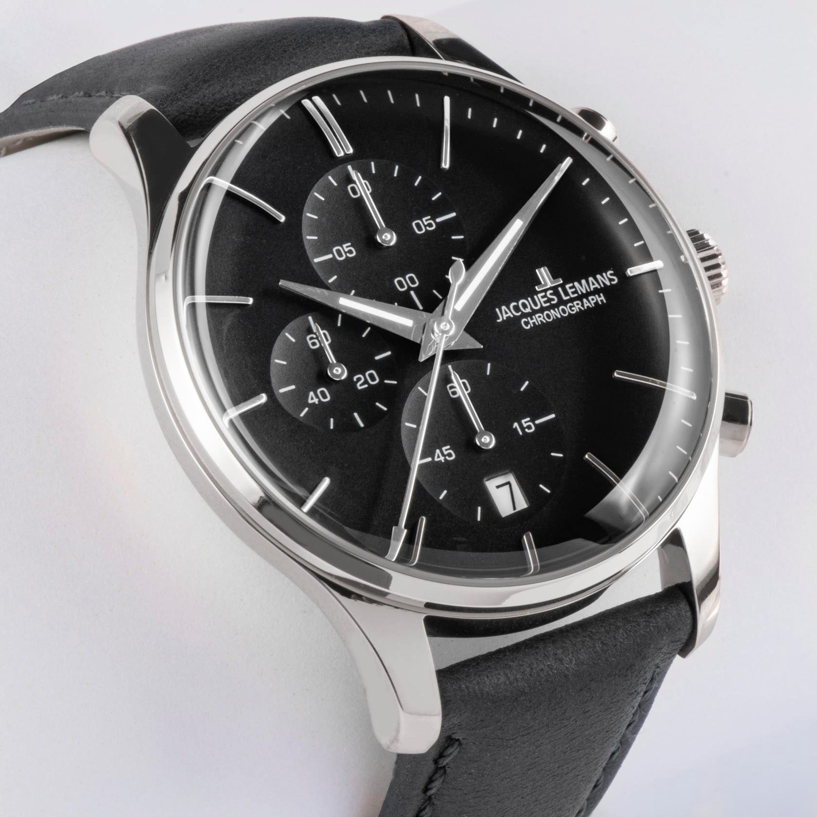 Jacques Lemans Chronograaf Londen Quartzhorloge, horloge, herrenuur, leren band, stopwatchfunctie, datum