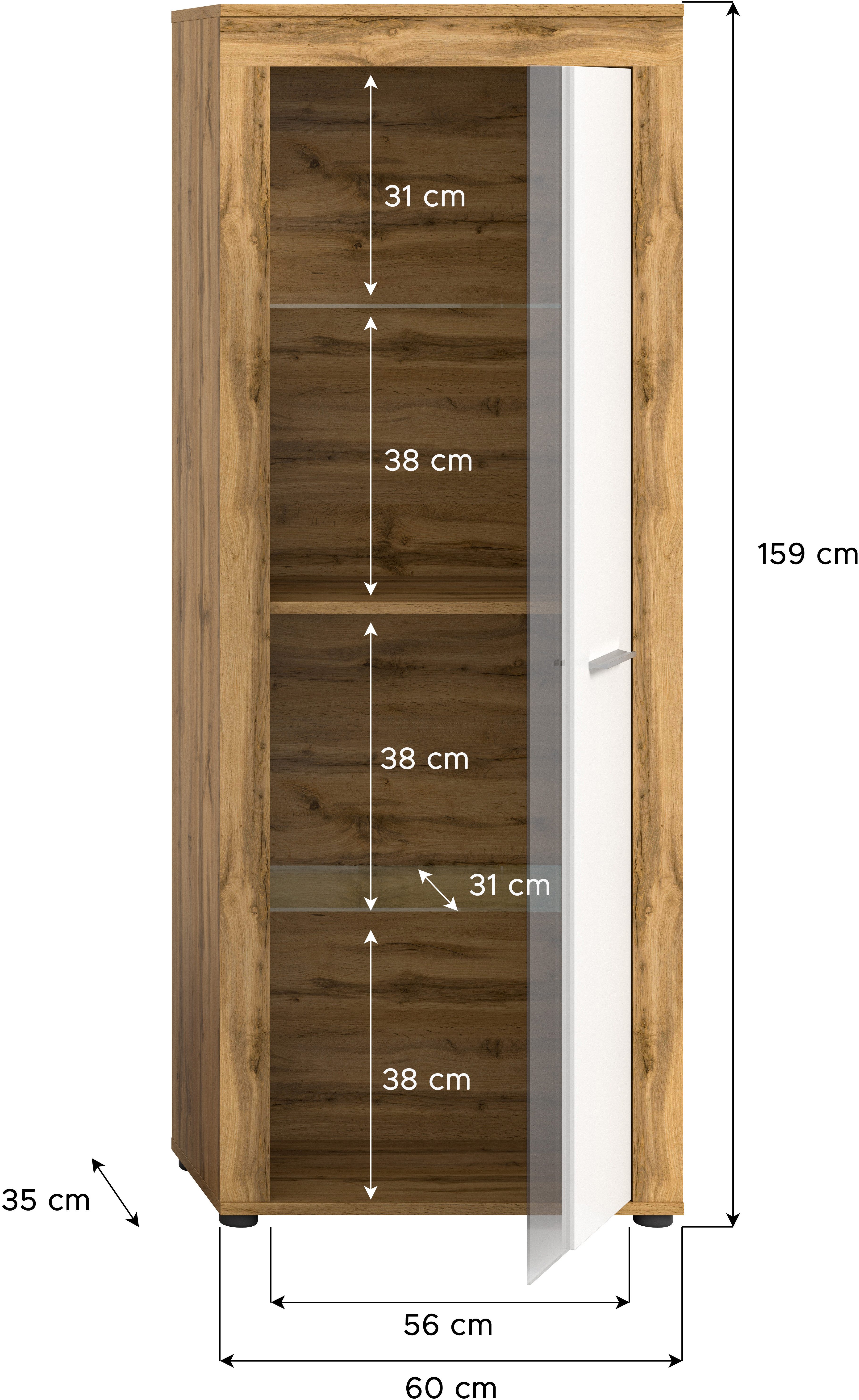 INOSIGN Vitrinekast Aosta, hoogte 159 cm, in verschillende kleuruitvoeringen 1 deur, 3 legplanken, 4 vakken, woonkamer, staande vitrine, glazen vitrine