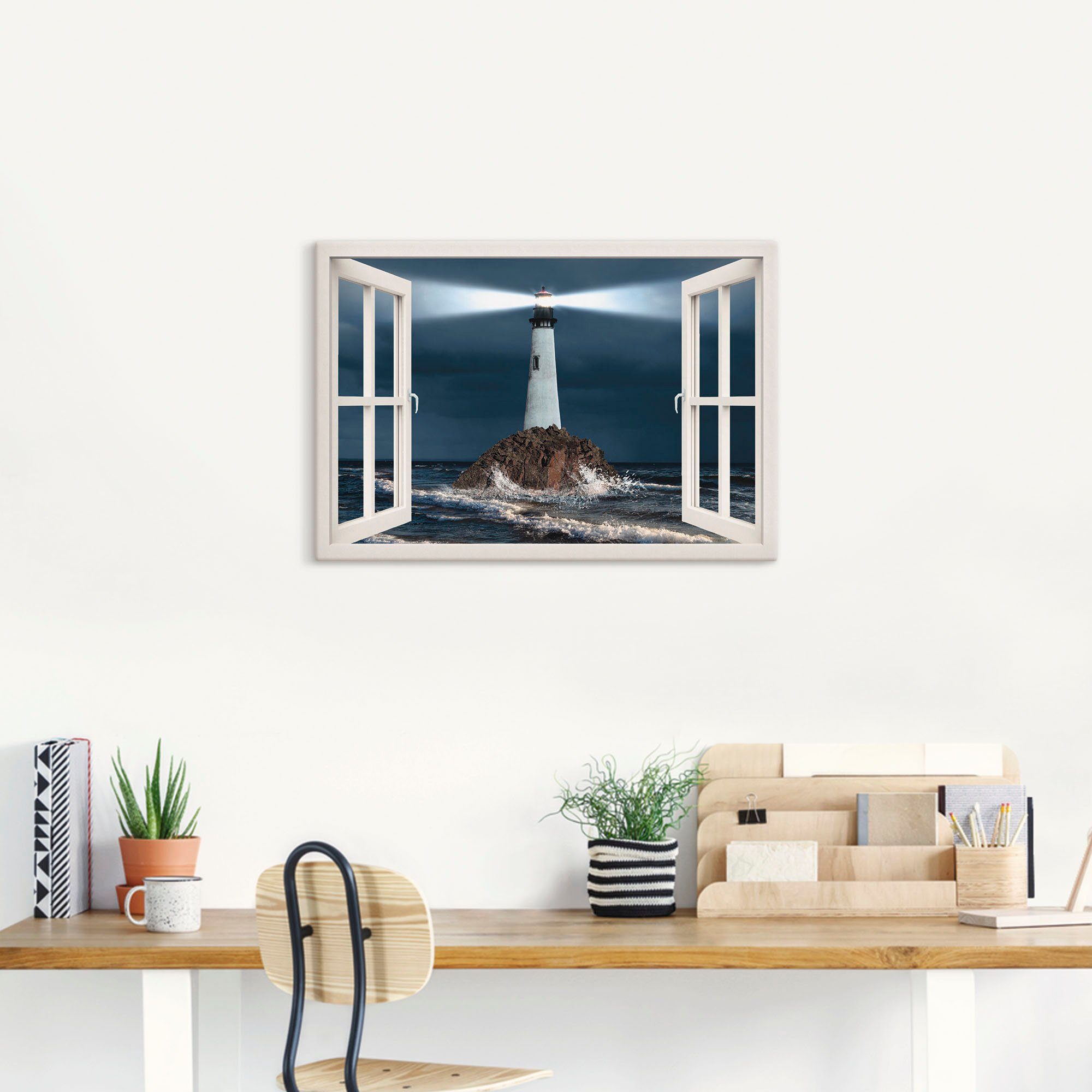 Artland Artprint op linnen Blik uit het venster vuurtoren met lichtbundel