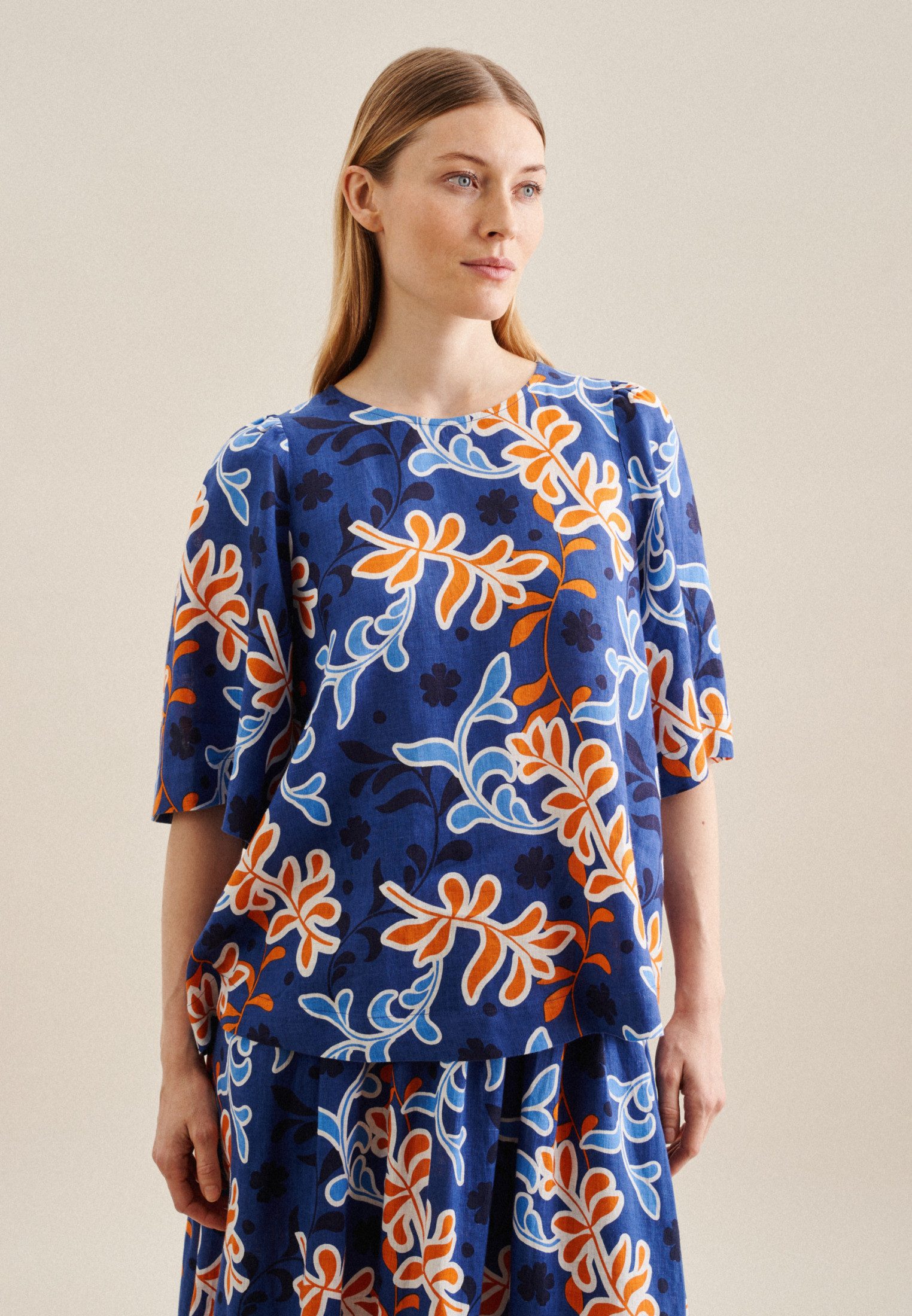seidensticker Shirtblouse Zwarte roos Korte mouwen ronde hals print dames blouses maat 4XL (48) blauw
