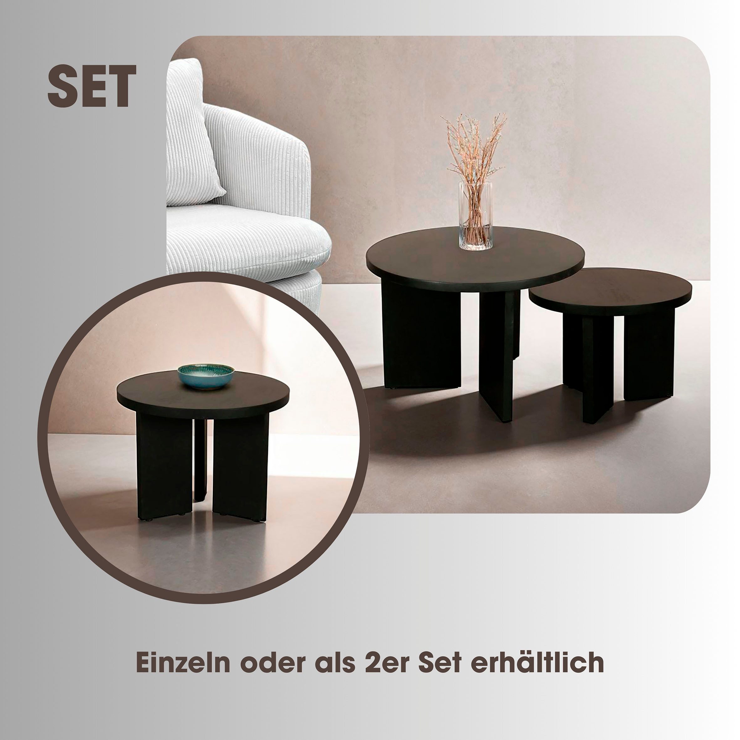 byLIVING Salontafel Round uit 2,5 cm dik massief hout zwart, afzonderlijk of in set verstelbaar (1 stuk)