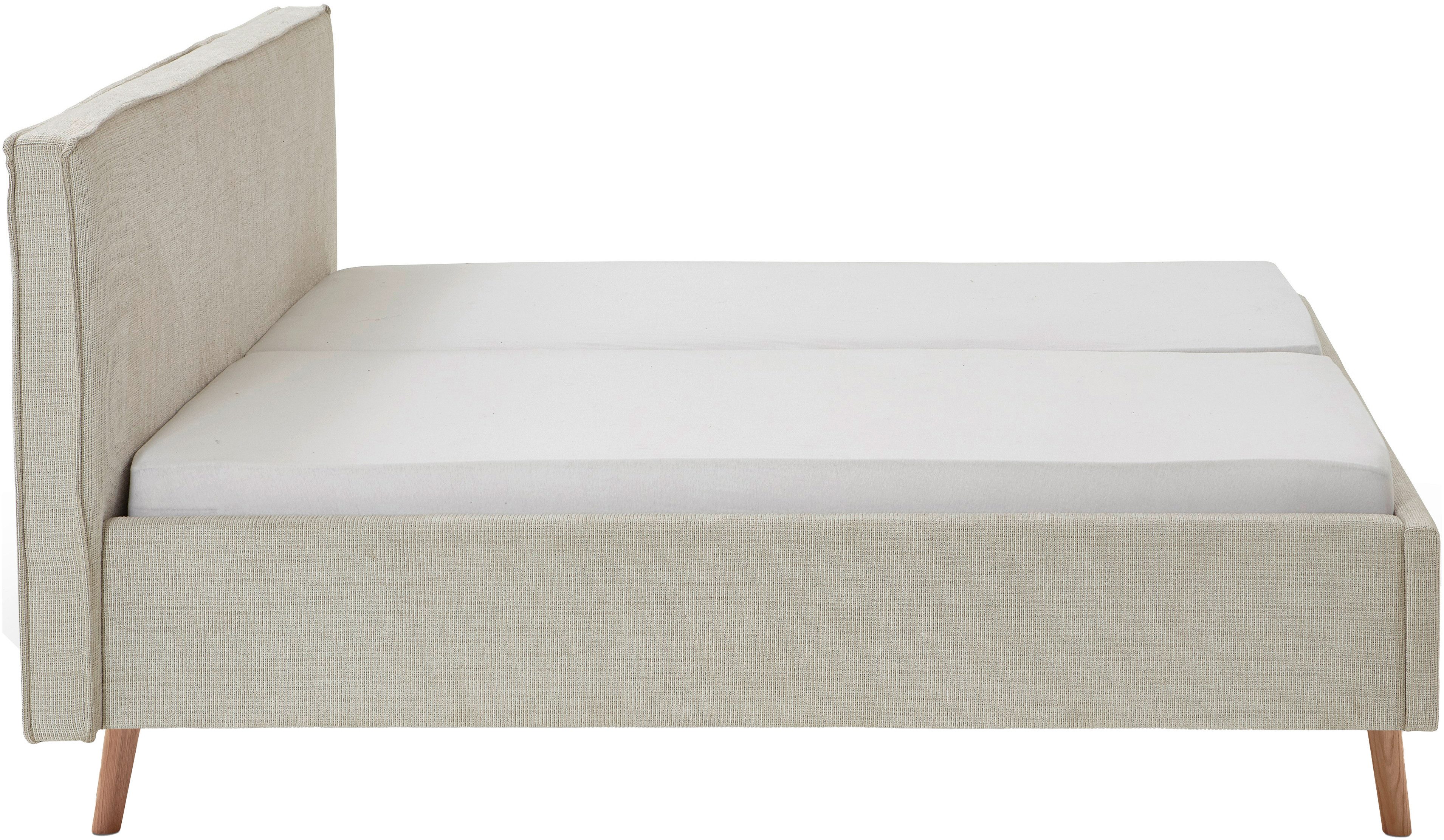 meise.möbel Gestoffeerd bed Riva met eikenkleurige houten poten, naar keuze met bedkist en lattenbodem