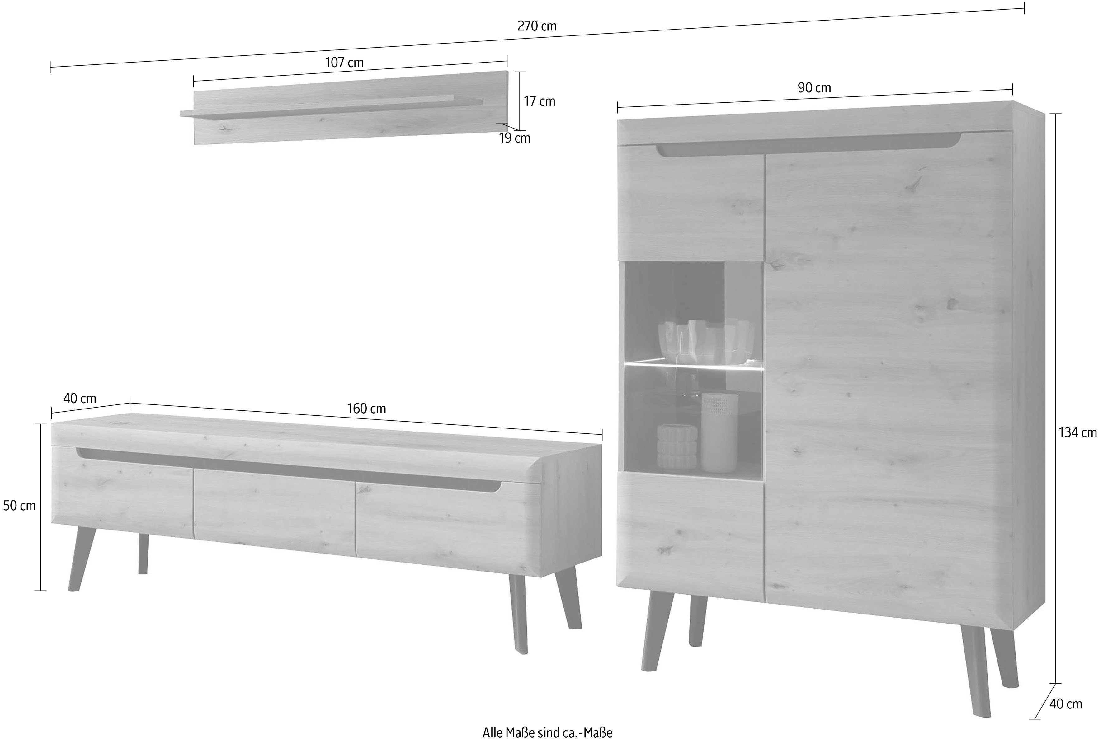 INOSIGN Wandmeubel Torge, wandmeubel, kastwand, mediawand, woonkamer-set bevat 1 vitrine, 1 lowboard + 1 wandplank, 270 cm breed (set, 3-delig)