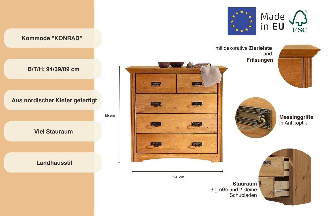Home affaire Ladekast Konrad Breedte 94 cm, van massief, FSC®-gecertificeerd dennenhout