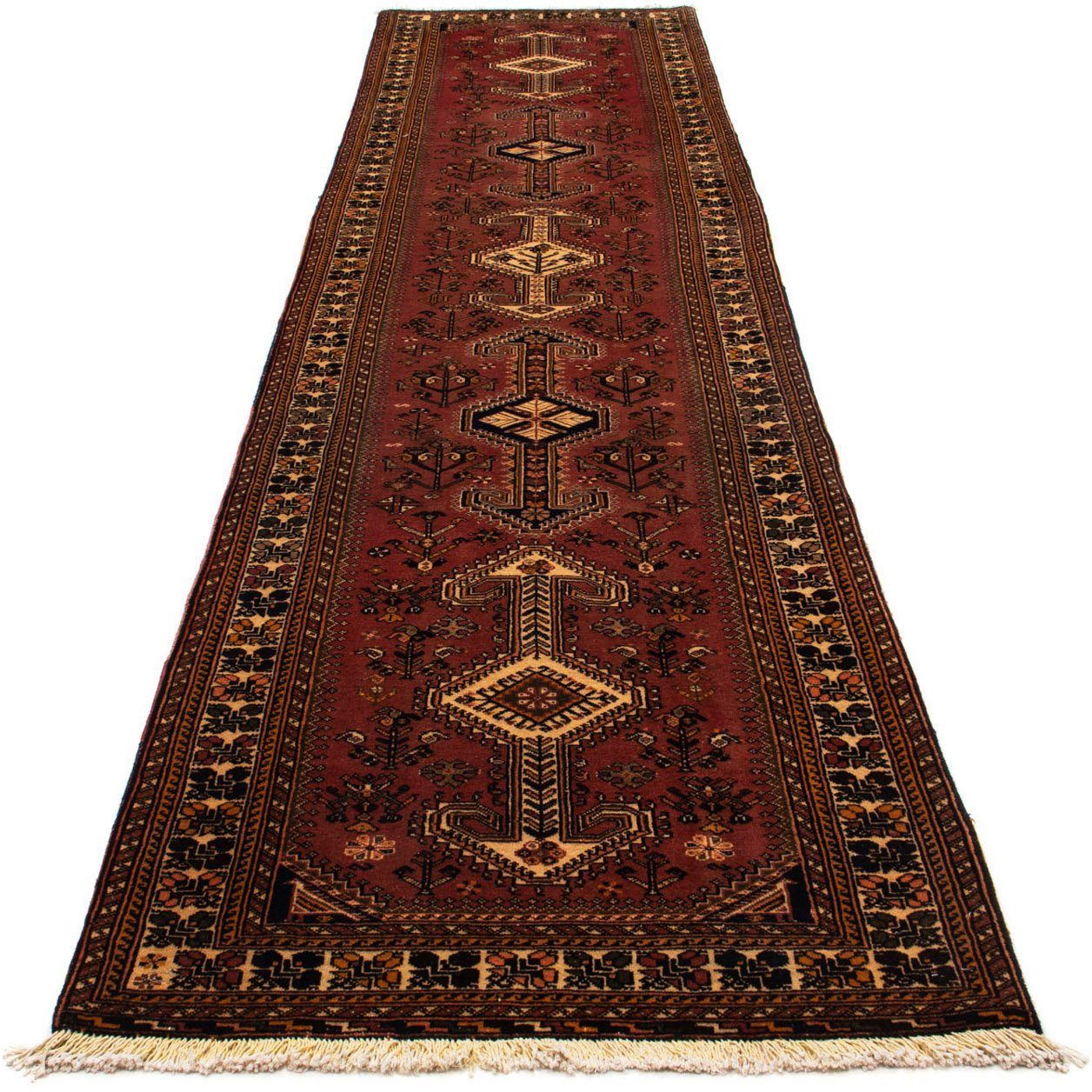 morgenland Hoogpolige loper Shiraz medaillon Marrone 394 x 93 cm Uniek exemplaar met certificaat
