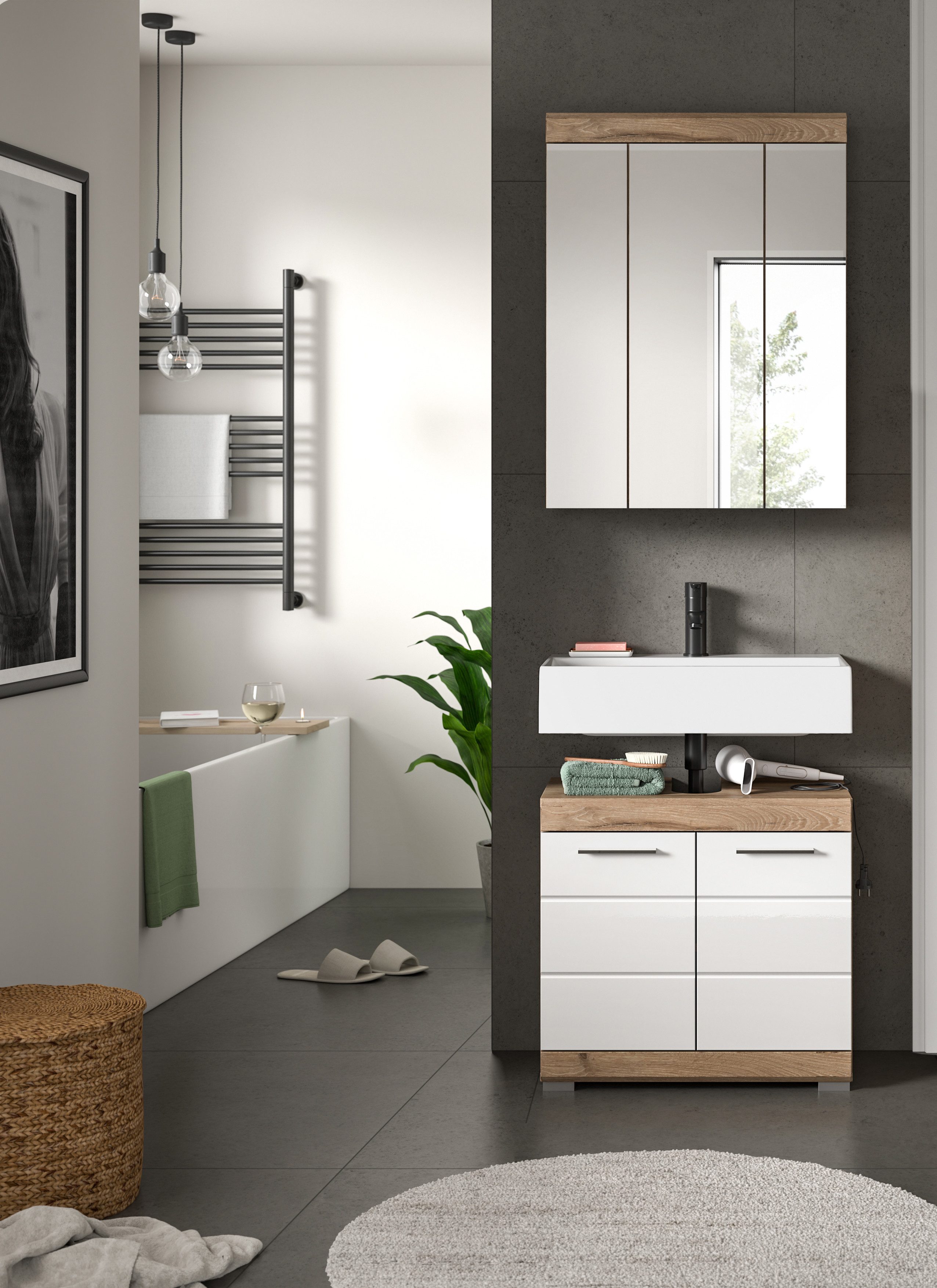 INOSIGN Badkamerserie Siena, 2-delig, bestaande uit: onderkast voor wastafel, spiegelkast in verschillende kleuren verkrijgbaar, badkamermeubels, combinatie, badkamer (set, 2 stuks)