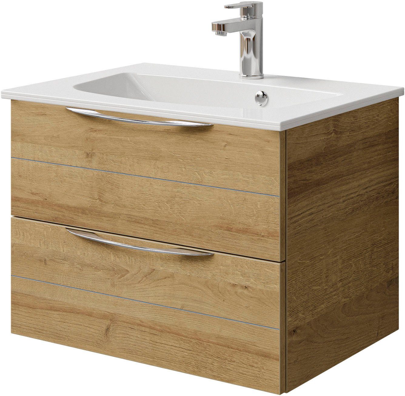 Saphir Badkamerserie Serie 6025 2-delig, mineraalmarmeren wastafel met led-spiegelkast Wastafelmeubel 67 cm breed, 2 laden, 2 spiegeldeuren, incl. deurdemper (2-delig)