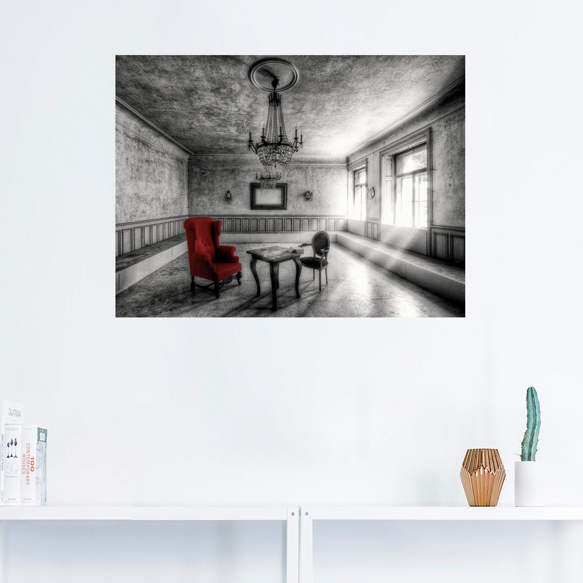 Artland Artprint Lost Place - rode fauteuil als artprint van aluminium, artprint voor buiten, artprint op linnen, poster, muursticker