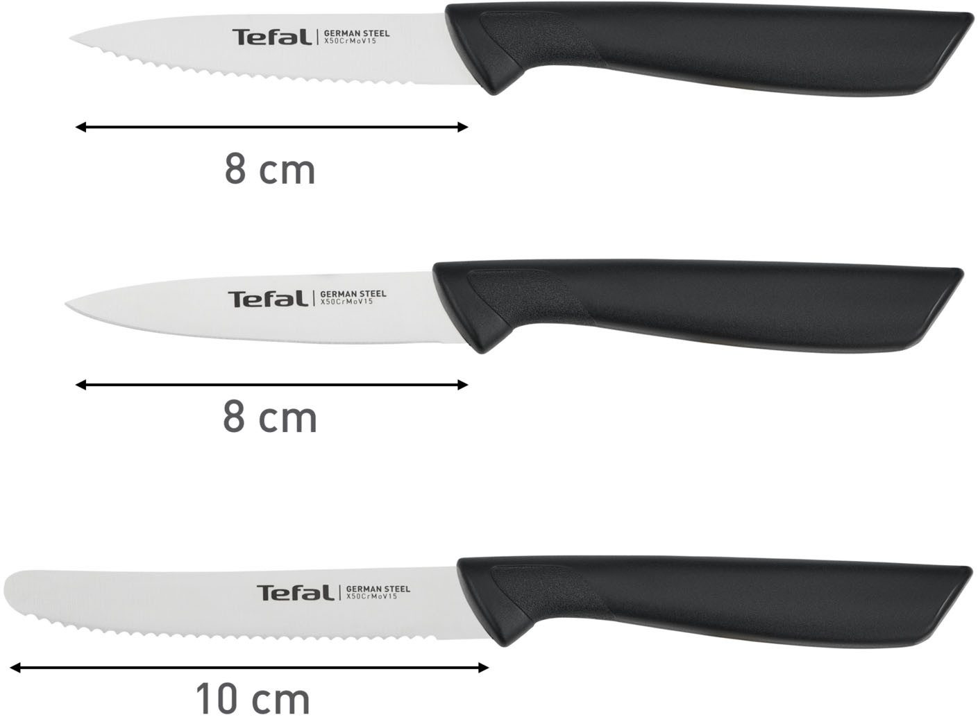 Tefal Messenset Colorfood voor alle dagelijkse voorbereidingen duits roestvrij staal, roestvrij, licht gestructureerde handgrepen, k2733s (set, 3-delig)