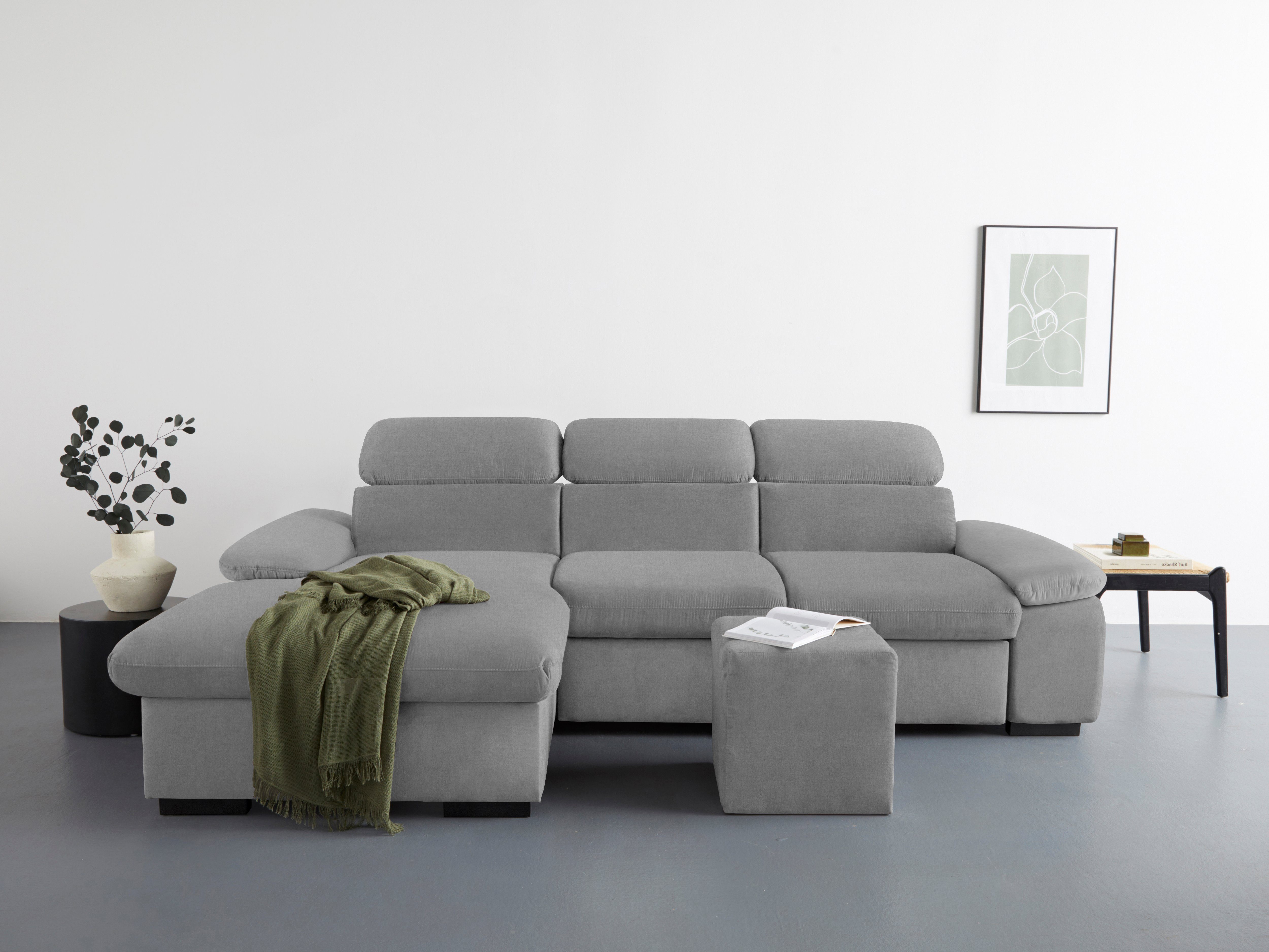COTTA Hoekbank Lola L-vorm met hoofdeinde-functie & poef keuze met bedfunctie, bedlade & armleuningverstelling (set)