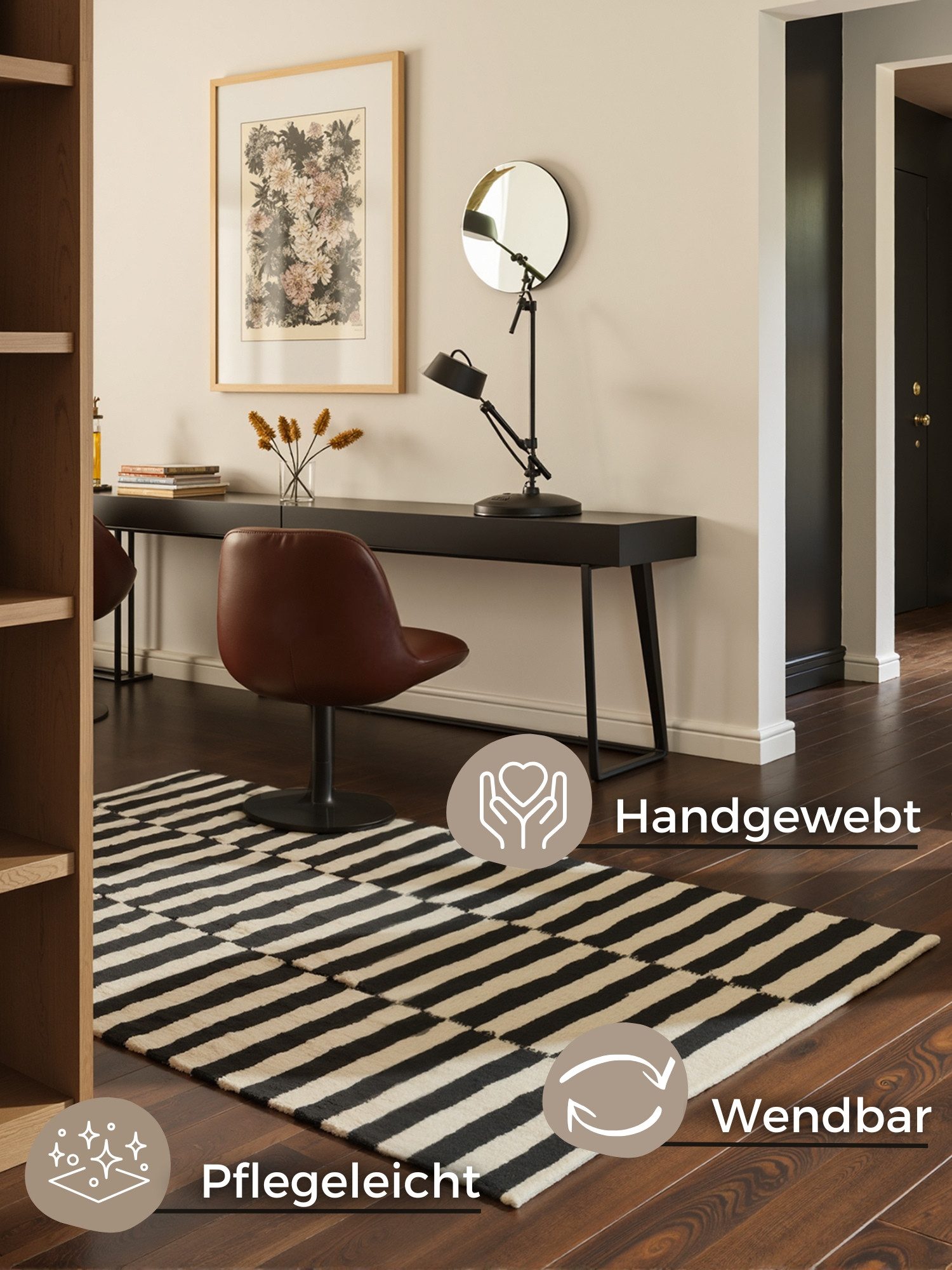 HANSE Home Wollen kleed Donna, zwart-wit handgeweven, wol, natuur, loper, woonkamer, slaapkamer, strepen