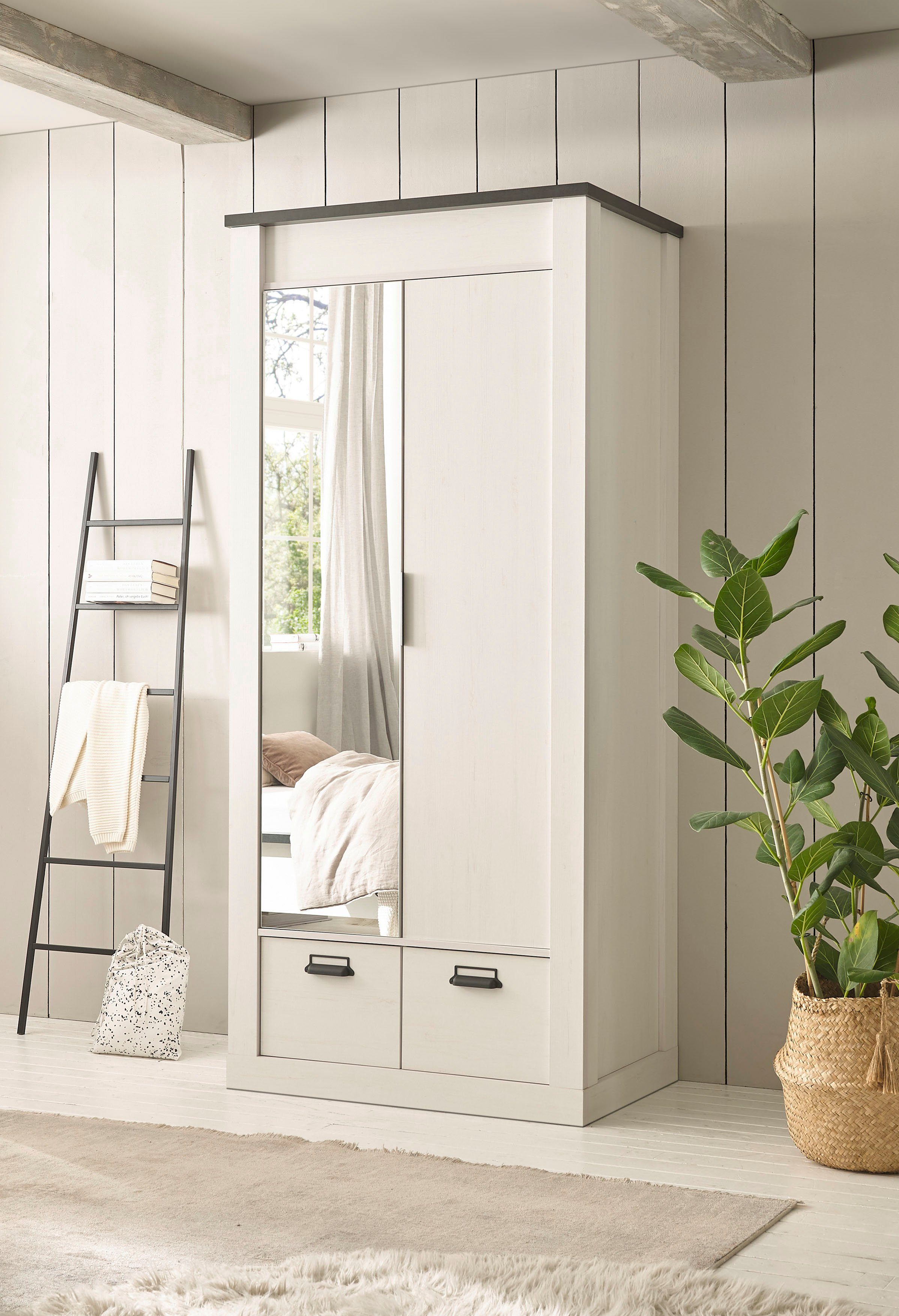 Home affaire Kledingkast SHERWOOD linn kast garderobe met spiegel kan worden gebruikt met kledingstang of legplanken, breedte 93 cm kledingkasten wit
