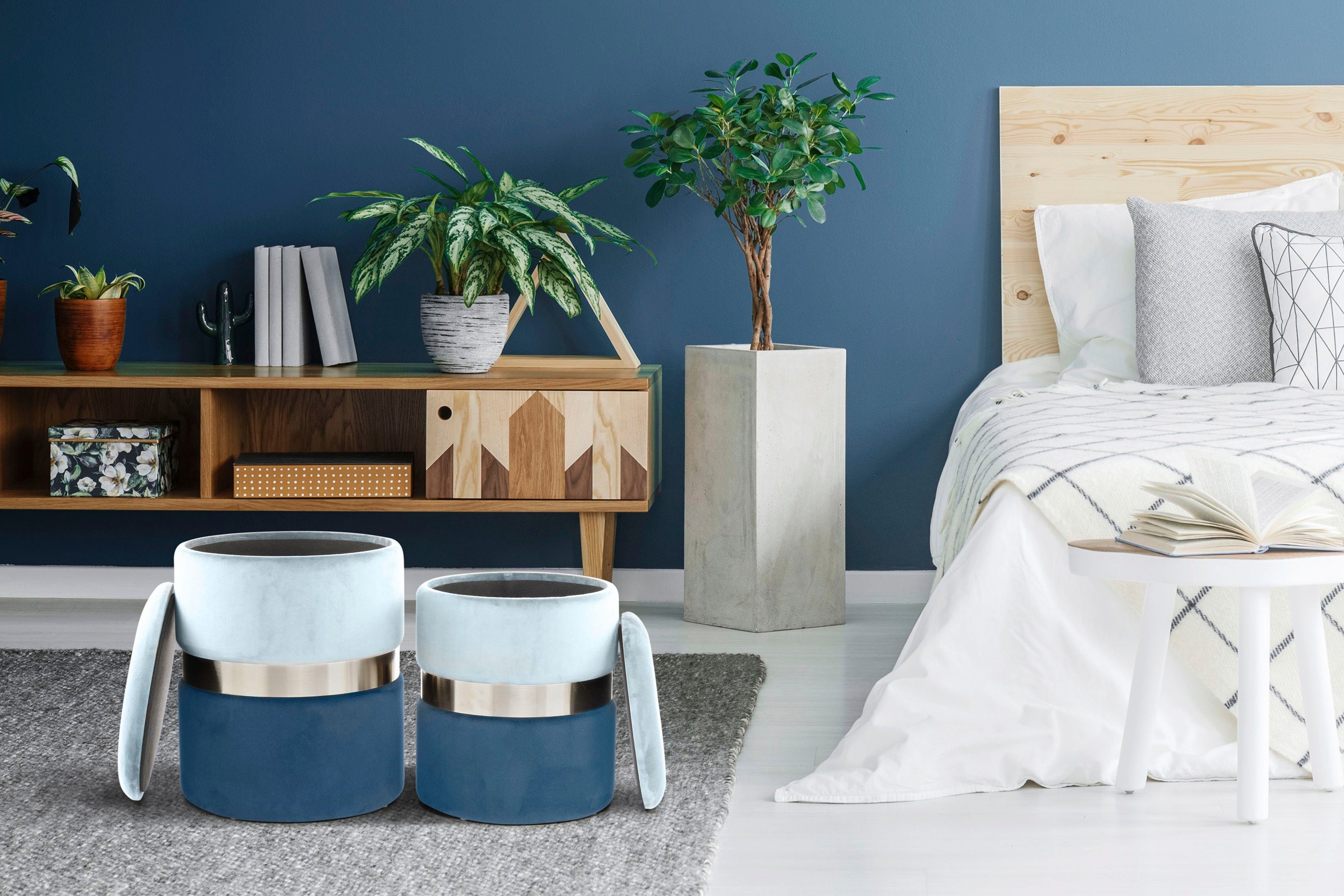 Kayoom Hocker met bergruimte Kruk Zora 125 2-delige set, fluweelzachte stof bekleding, ronde elegante vorm (set, 2 stuks) hockers blauw
