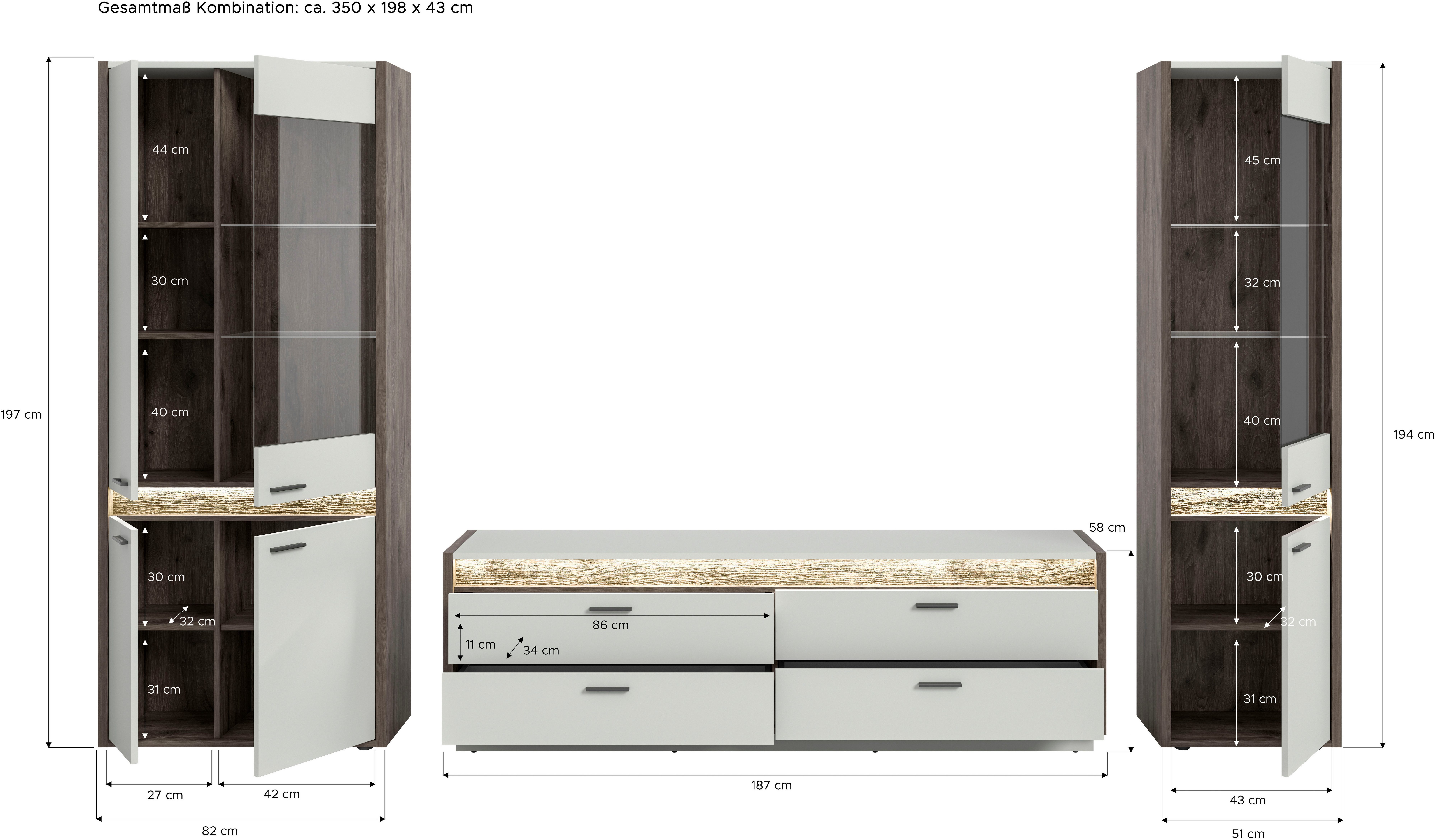 INOSIGN Wandmeubel Treviso, Breedte 350 cm, bestaand uit: 2x Vitrine en 1x Lowboard (3-delig)