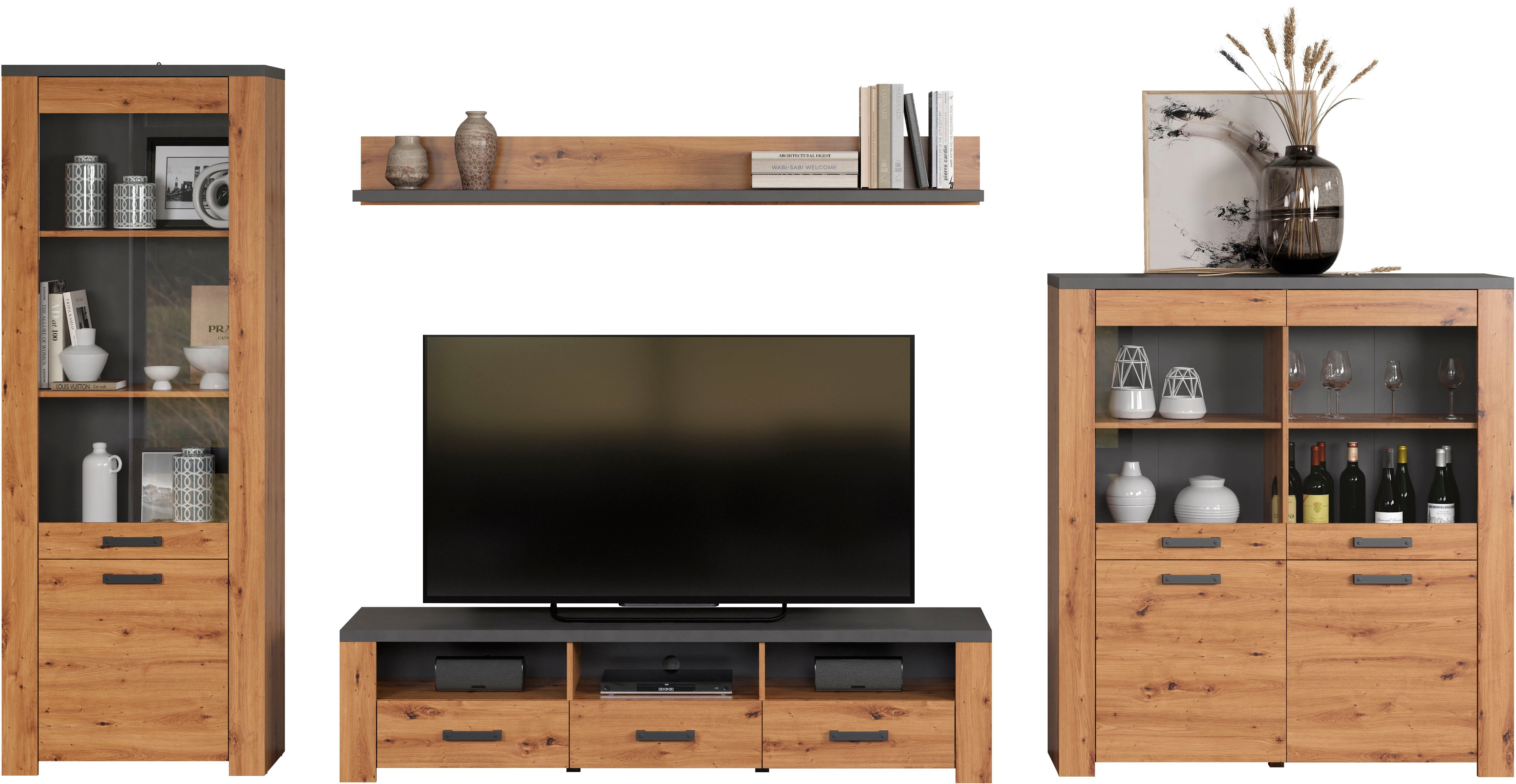 Home affaire Tv-wandmeubel Ambres Moderne tv-set, echt-hout-look, breedte ca. 409 cm, mat (4-delig)