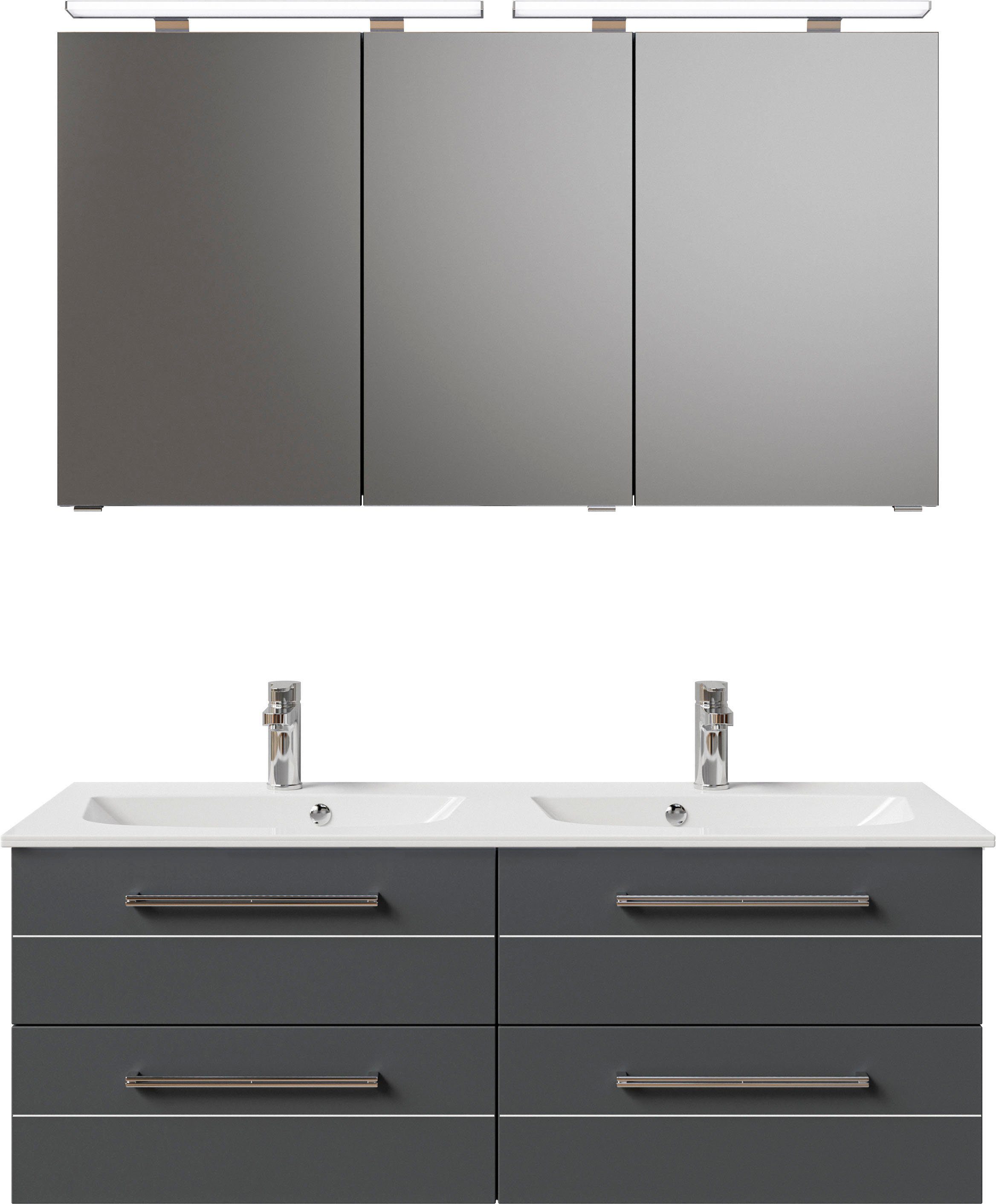 Saphir Badkamerserie Serie 6025 2-delig, mineraalmarmeren wastafel met led-spiegelkast Wastafelmeubel 132 cm breed, 4 laden, 2 spiegeldeuren, incl. deurdemper (2-delig)