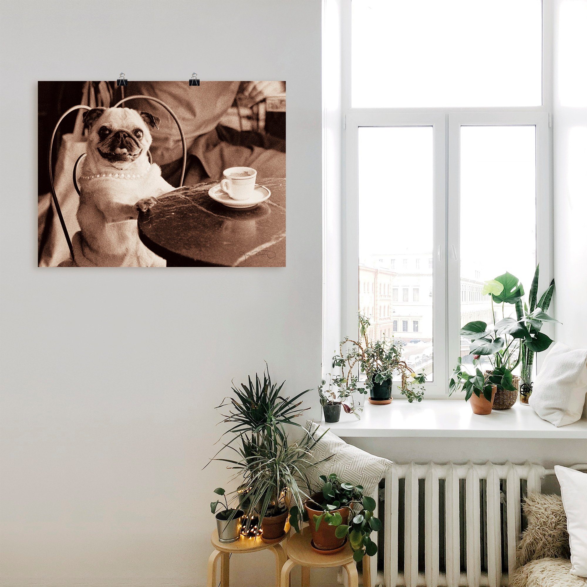 Artland Artprint Koffie mopshond als artprint op linnen, poster, muursticker in verschillende maten