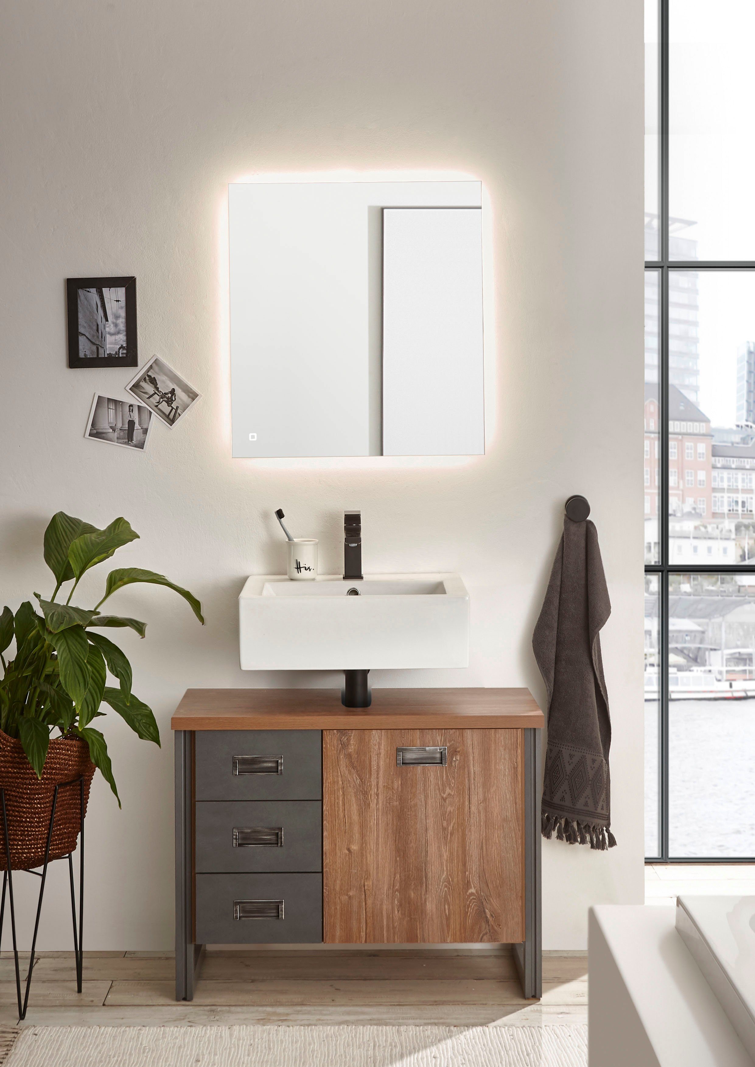 Home affaire Badkamerserie Detroit, badkamer in industriële stijl, incl. LED, 2-delig badkamer (2-delig)