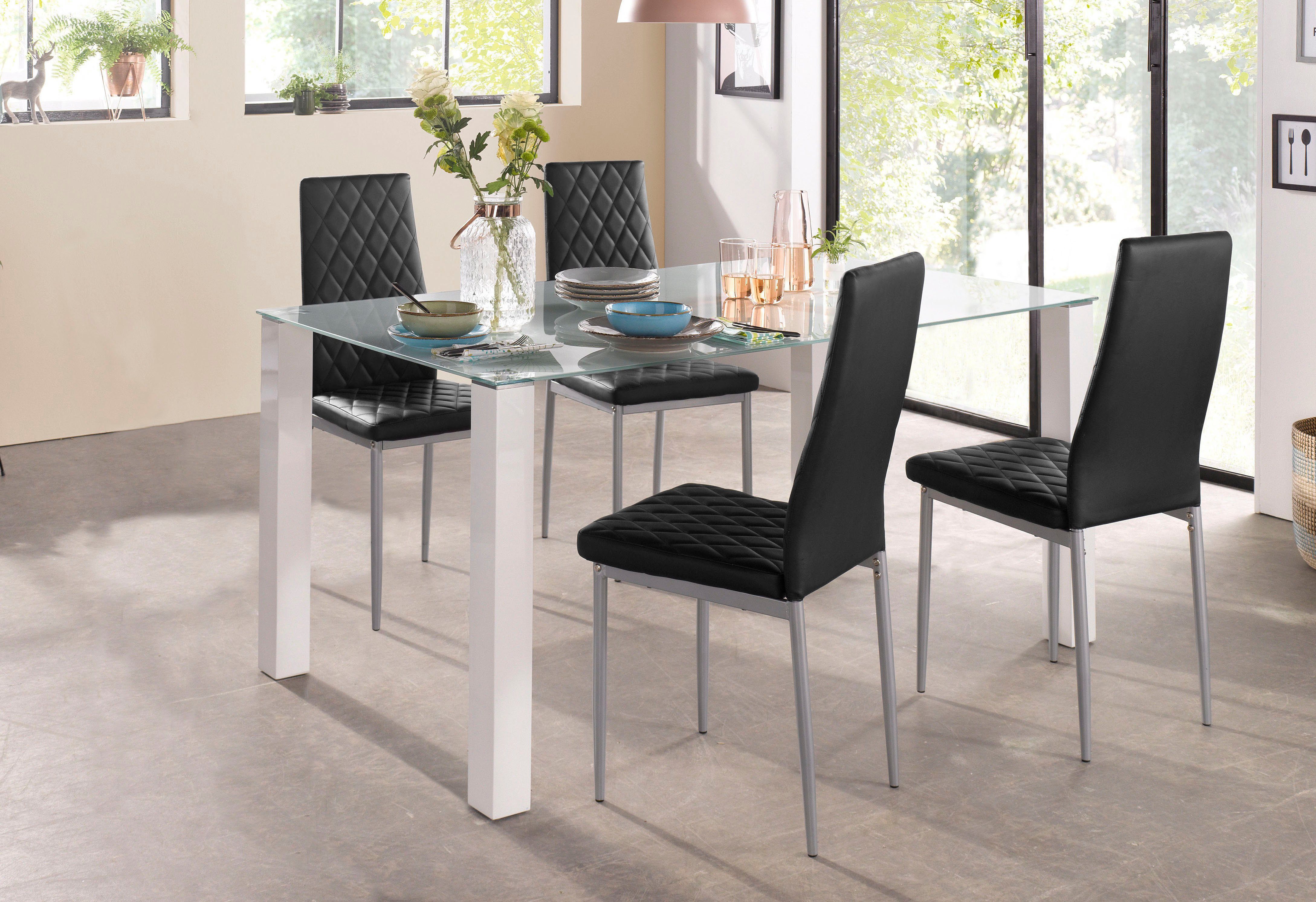 INOSIGN Eethoek 160 cm brede glazen tafel, stoelbekledingen in verschillende kleurvarianten (set, 5-delig)