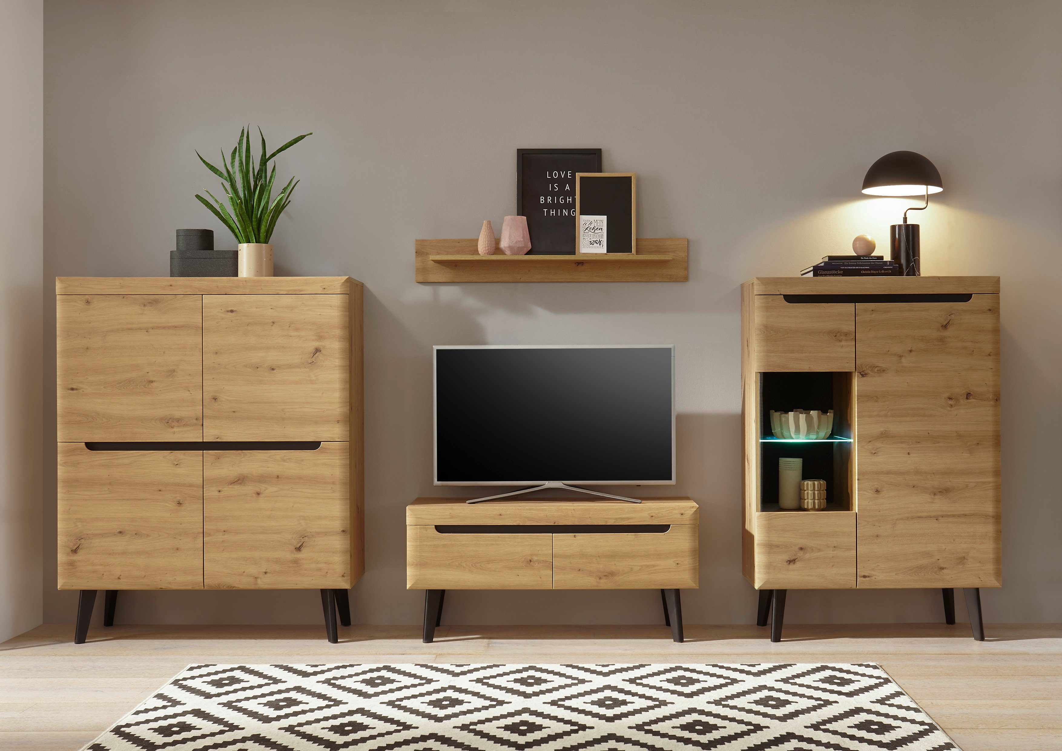 INOSIGN Wandmeubel Torge, wandmeubel, kastwand, mediawand, woonkamer-set bevat 1 vitrine, 1 lowboard, 1 highboard + 1 wandplank, 344 cm breed (set, 4-delig)
