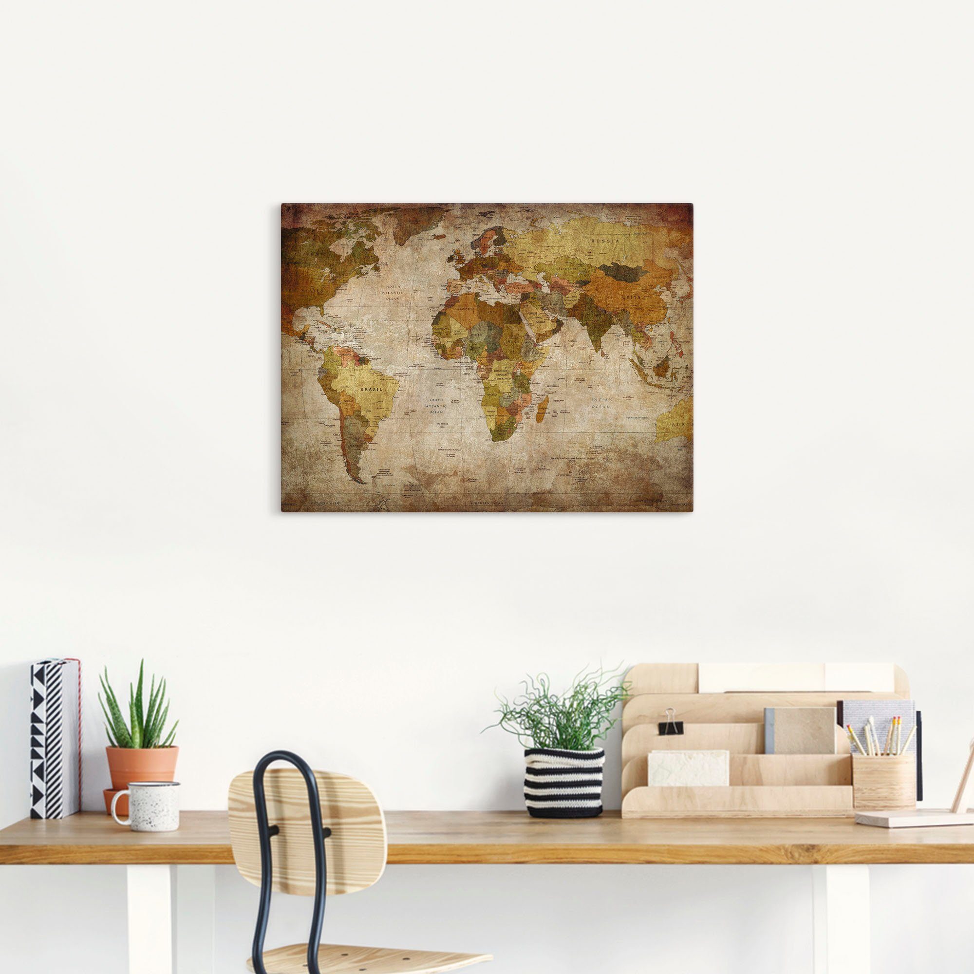 Artland Artprint Wereldkaart als artprint van aluminium, artprint voor buiten, artprint op linnen, poster, muursticker