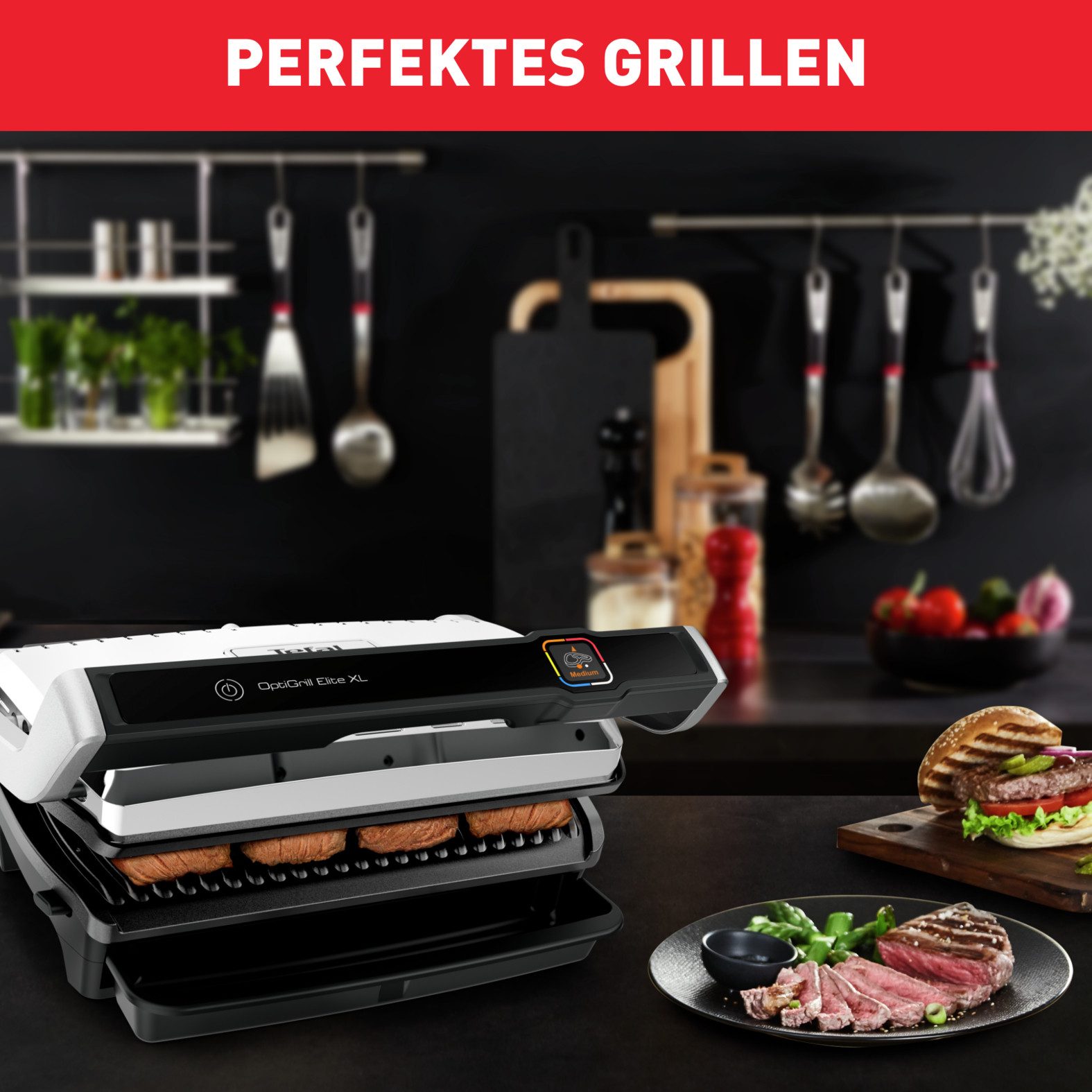 Tefal Contactgrill OptiGrill Elite XL, spülmaschinengeeignete Platten Countdown tot perfect resultaat, extra Grillboost voor grill-strepen