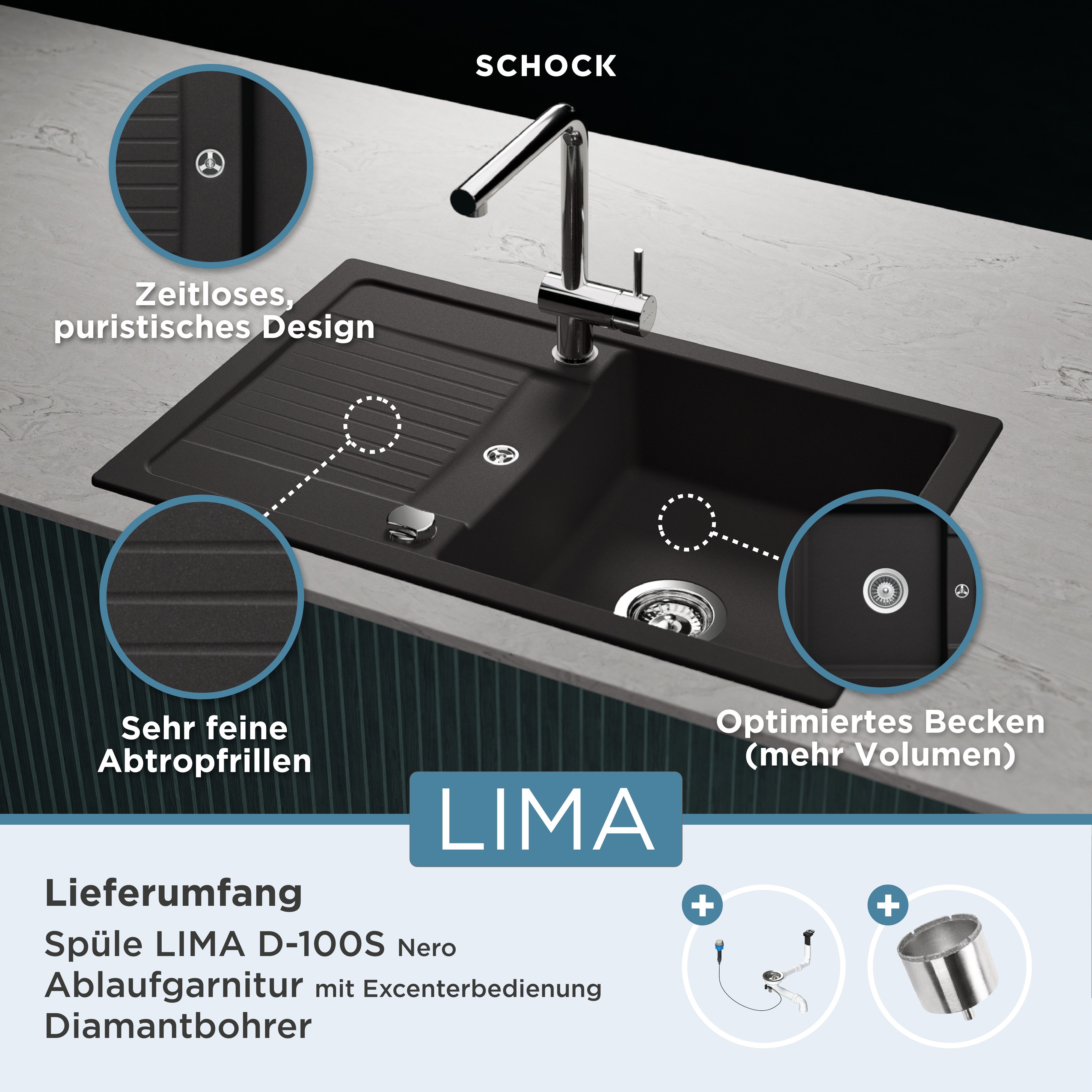 Schock Granieten spoelbak Lima D-100S 78/50 cm, opzetgootsteen