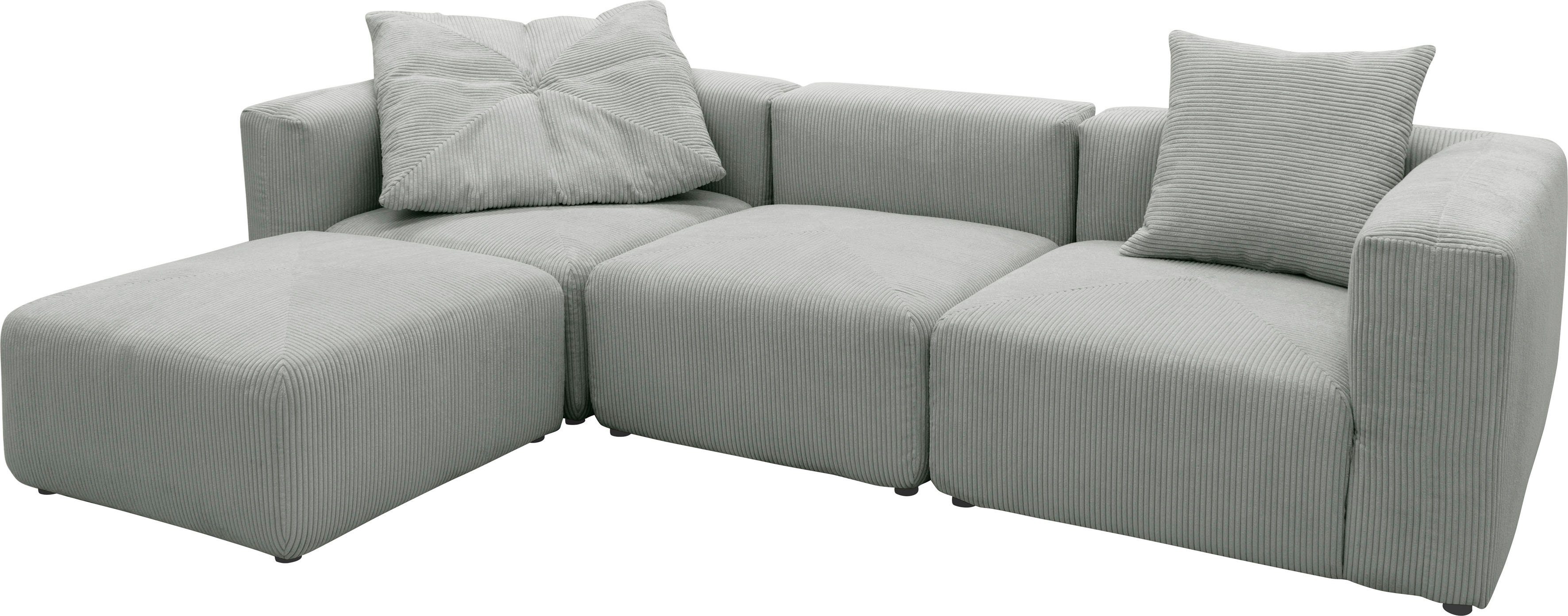 RAUM.ID Hoekbank Gerrid L-vorm Ribfluwelen bekleding, modulaire bank, bestaande uit hoek- en tussenelement + voetenbank/poef