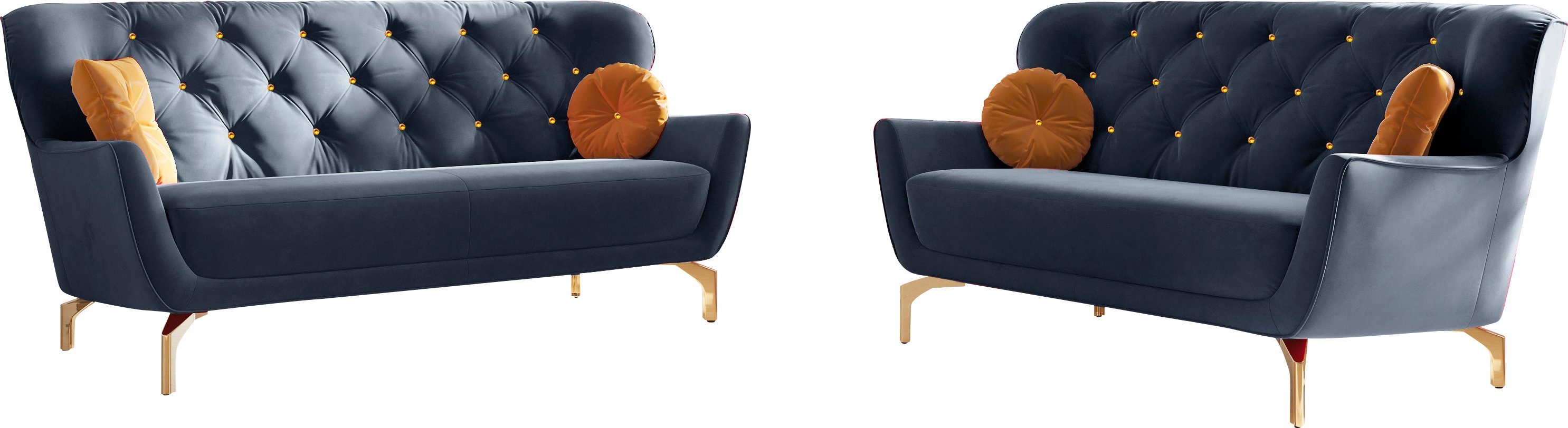 sit&more Zithoek Orient 3 inclusief 4 sierkussens met strassteentjes, goudkleurige metalen poten (2-delig) blauw, zithoeken
