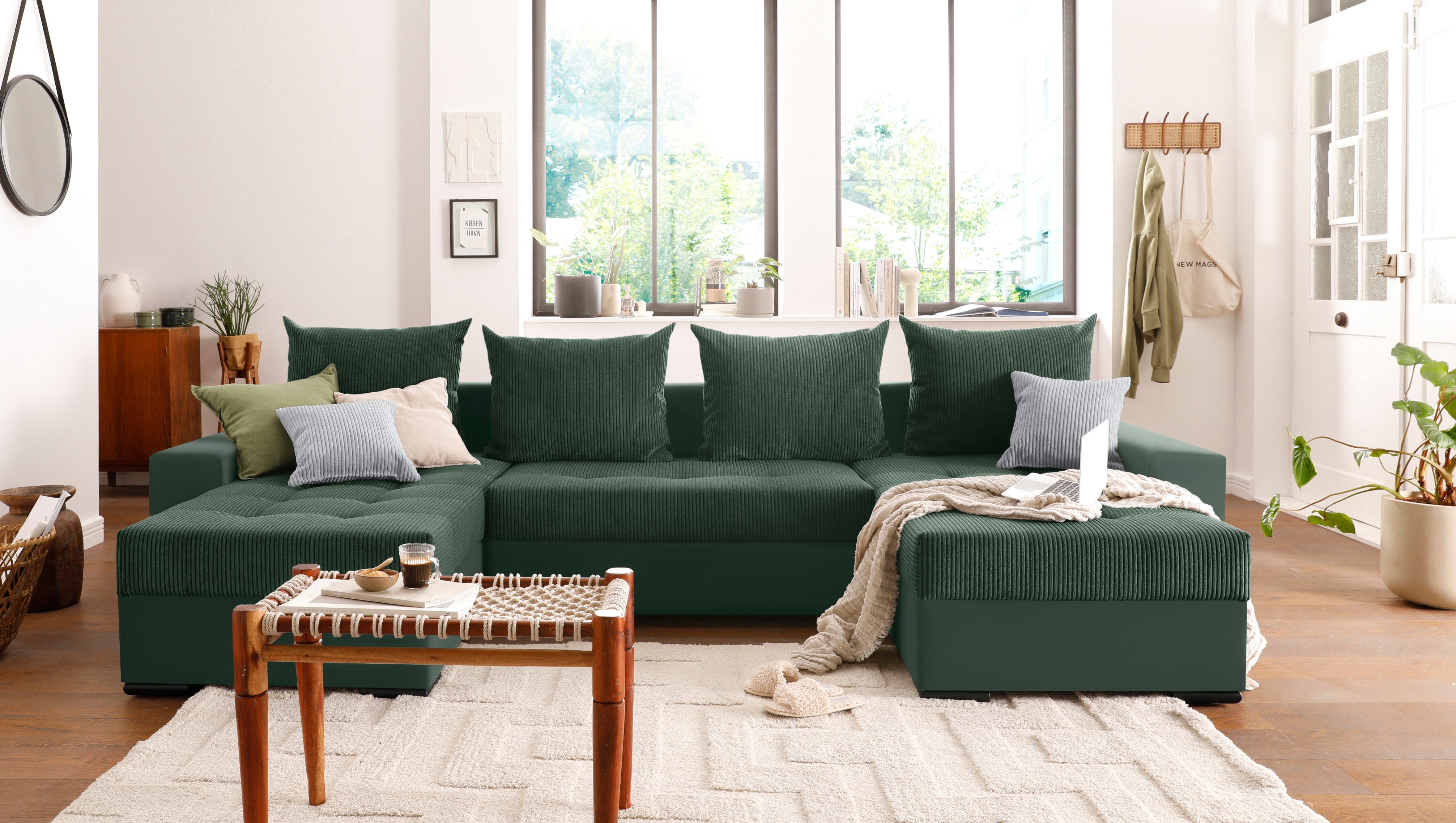 COLLECTION AB Zithoek XL-Josy U-vorm, breedte 313 cm, cord-/mix incl. bedfunctie, bedlade, met 4 gelijk grote rugkussens