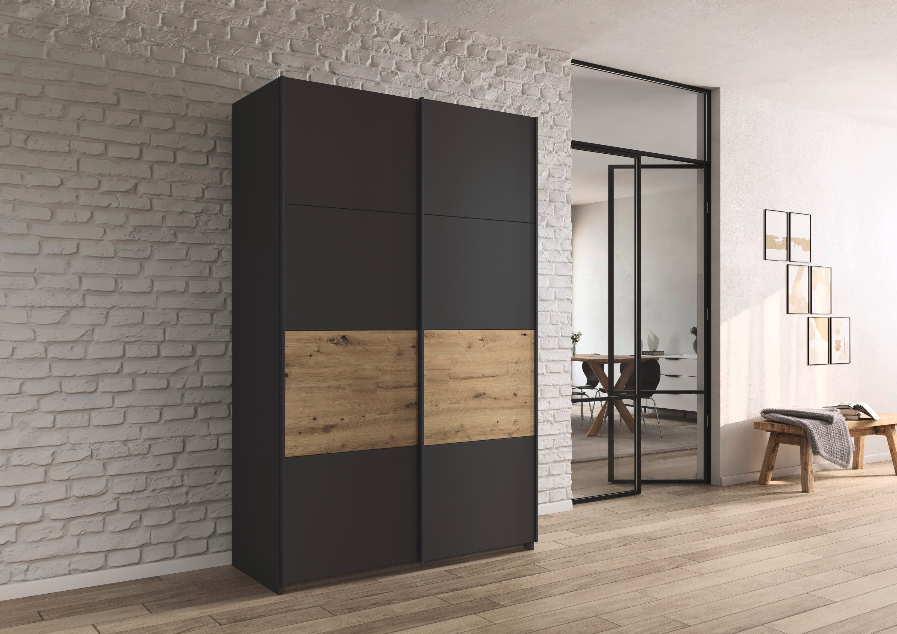rauch Schuifdeurkast Kledingkast Kast Garderobe Slaapkamerkast OXFORD met handgrepen van metaal, ook voor kleinere ruimtes made in germany